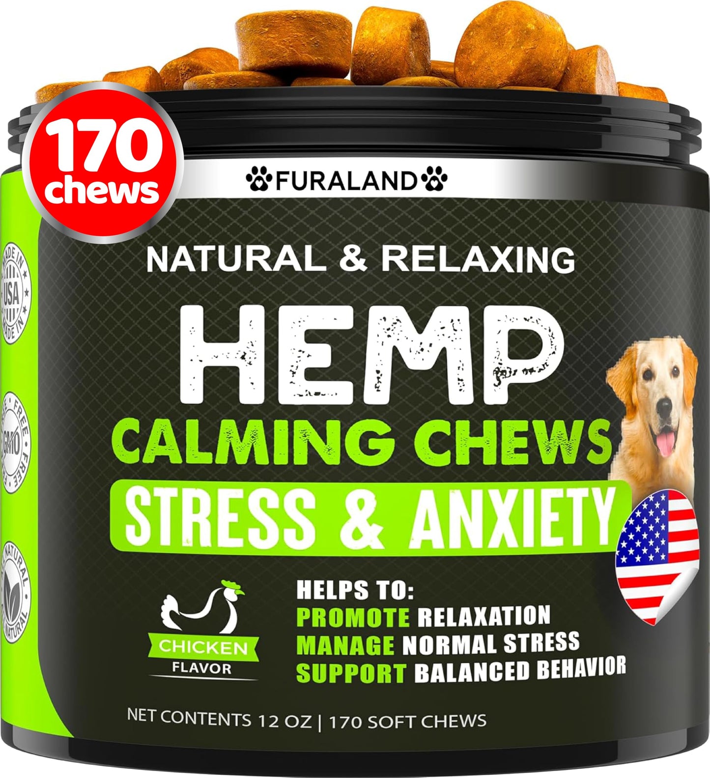 Hemp Calming Chews for Dogs with Anxiety and Stress - 170 Dog Calming Treats - Storms, Barking, Separation - Valerian Root - Melatonin - Hemp Oil - Dog Anxiety Relief - Made in USA | Soft Chews
