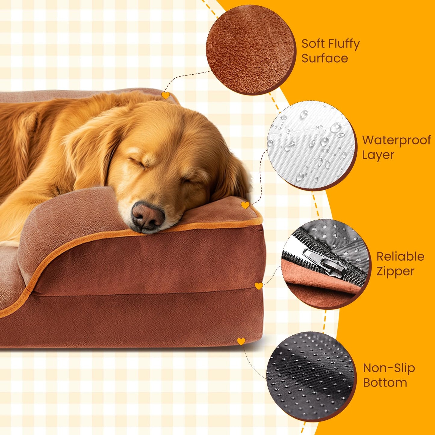DUMOS Orthopedic Memory Foam Dog Bed with Bolster–Washable Cover, Waterproof Liner & Non-Slip Bottom, Supportive Pet Sofas, Brown