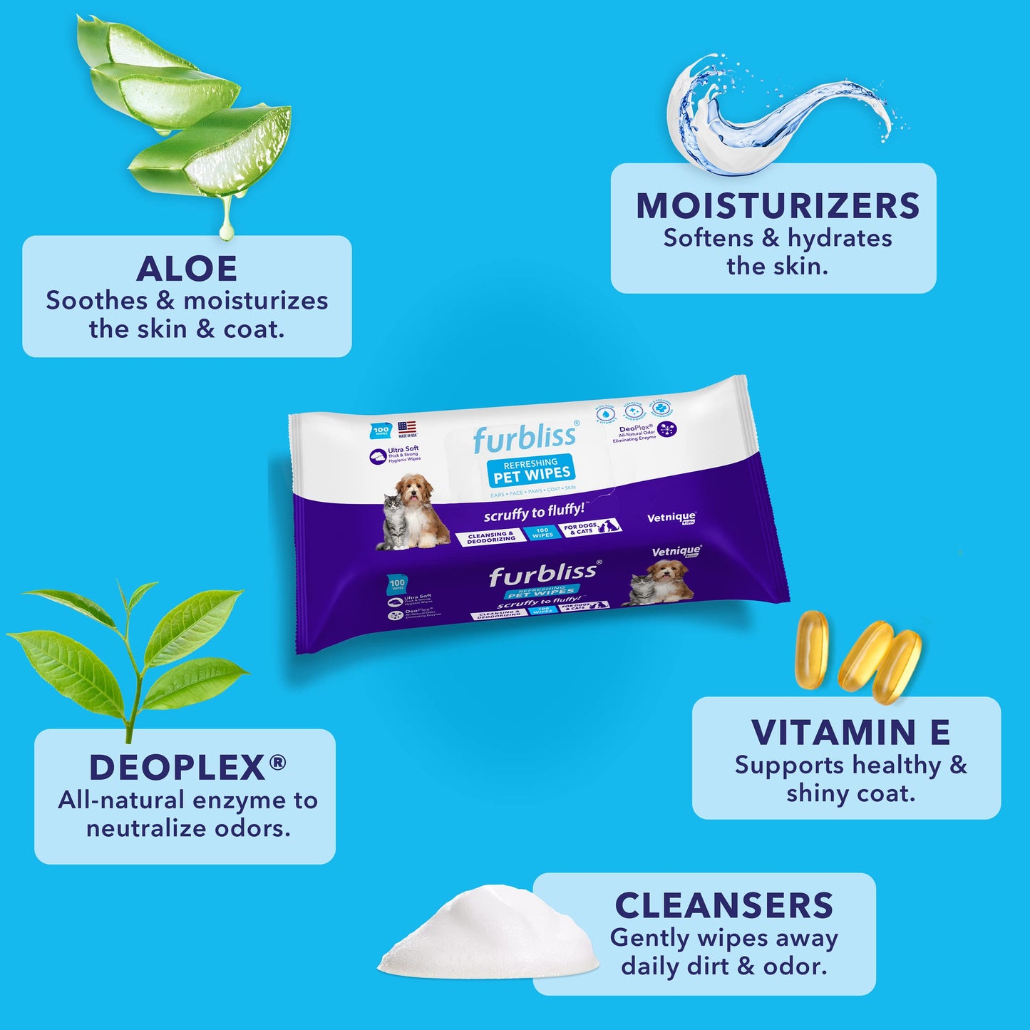 Furbliss Anti-Itch Soothing Oatmeal Shampoo 16oz & Hygienic Grooming Pet Wipes 100ct Bundle, Anti-Itch Oatmeal Shampoo for Dogs, Dog Grooming Wipes with Aloe & Vitamin E