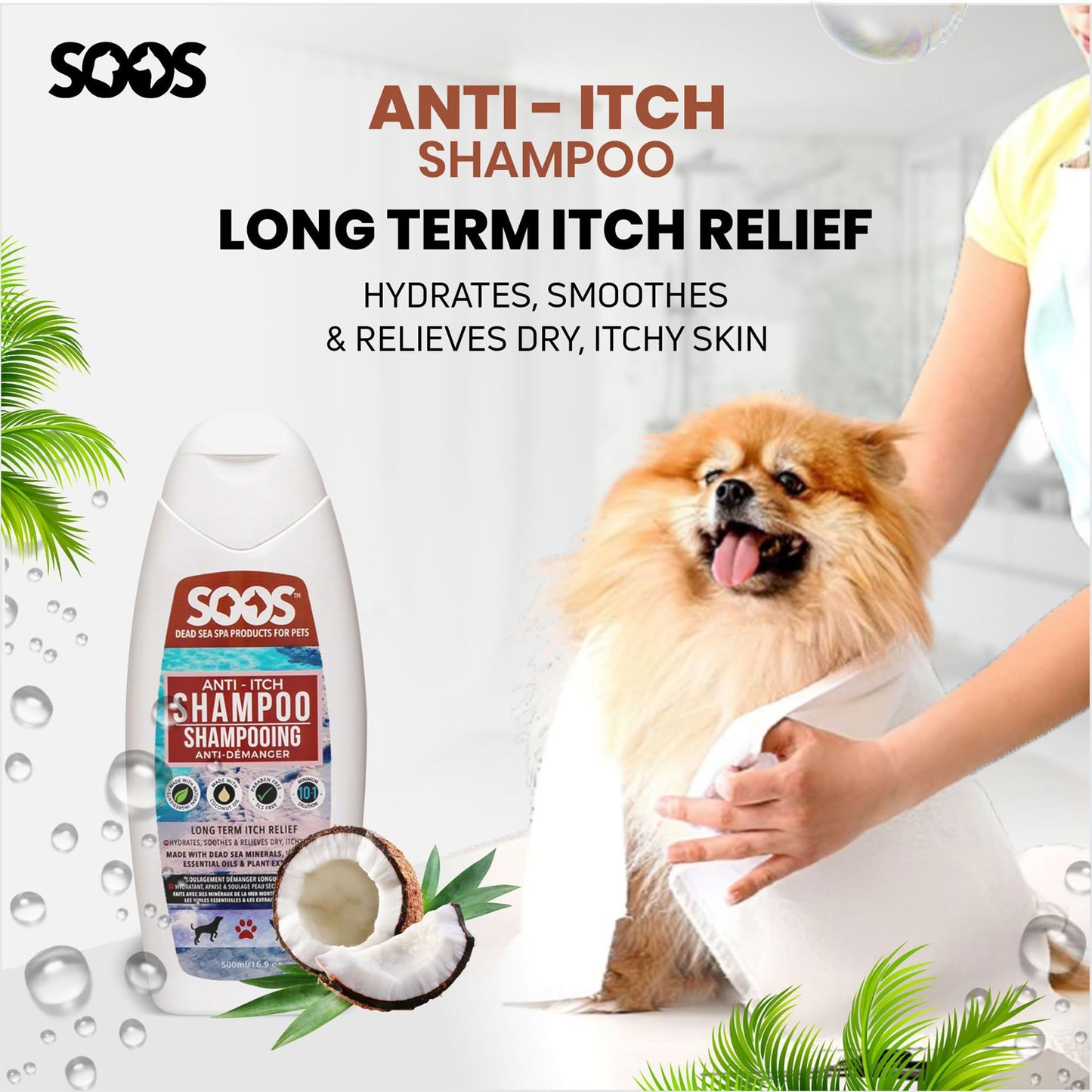 Soos Pet Anti-Itch Shampoo for Dogs and Cats - Natural Dead Sea Fast Absorbing - Clean Fur with Vitamins Minerals Essential Oils Natural Ingredients - 500ml
