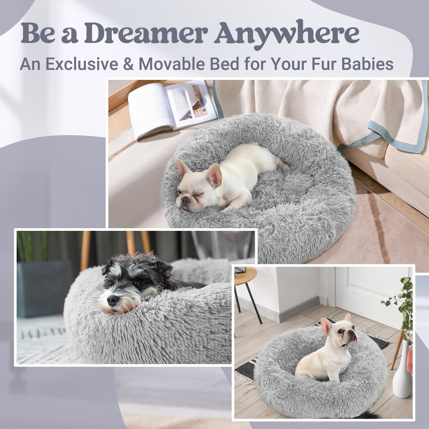 rabbitgoo Calming Dog Bed for Small Medium, 27 inches Pet Bed Machine Washable, Non-Slip Round Fluffy Plush Faux Fur, Soft Donut Cuddler Cushion for Small Dogs, Light Grey