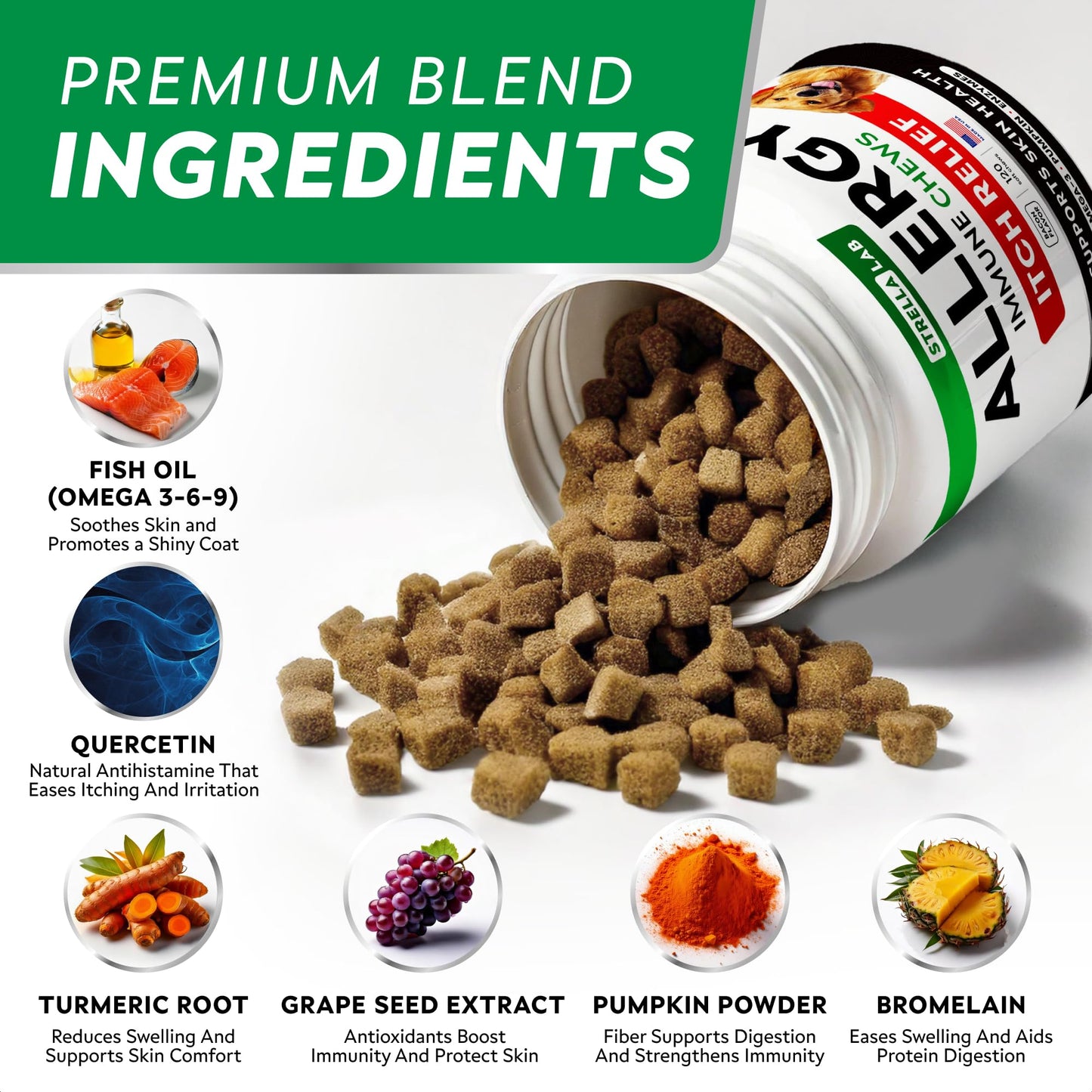 StrellaLab Dog Allergy Relief & Anti Itch Support Chews w/Omega 3: Real Ingredients, Real Taste! Skin & Coat Immune Supplement w/Fish Oil, Pumpkin & Enzymes — Developed by Experts - Made in USA -120Ct