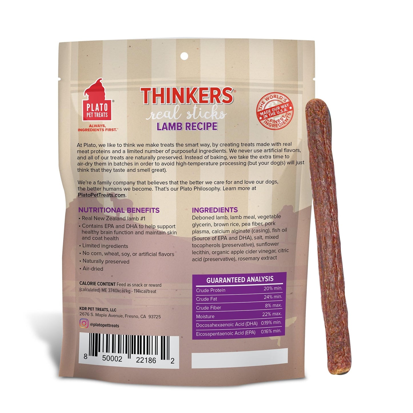 Plato Pet Treats Thinkers - Meat Sticks for Dogs - Limited Ingredient Treats with EPA and DHA to Support Skin, Coat, and Brain - Air-Dried - Lamb 18oz