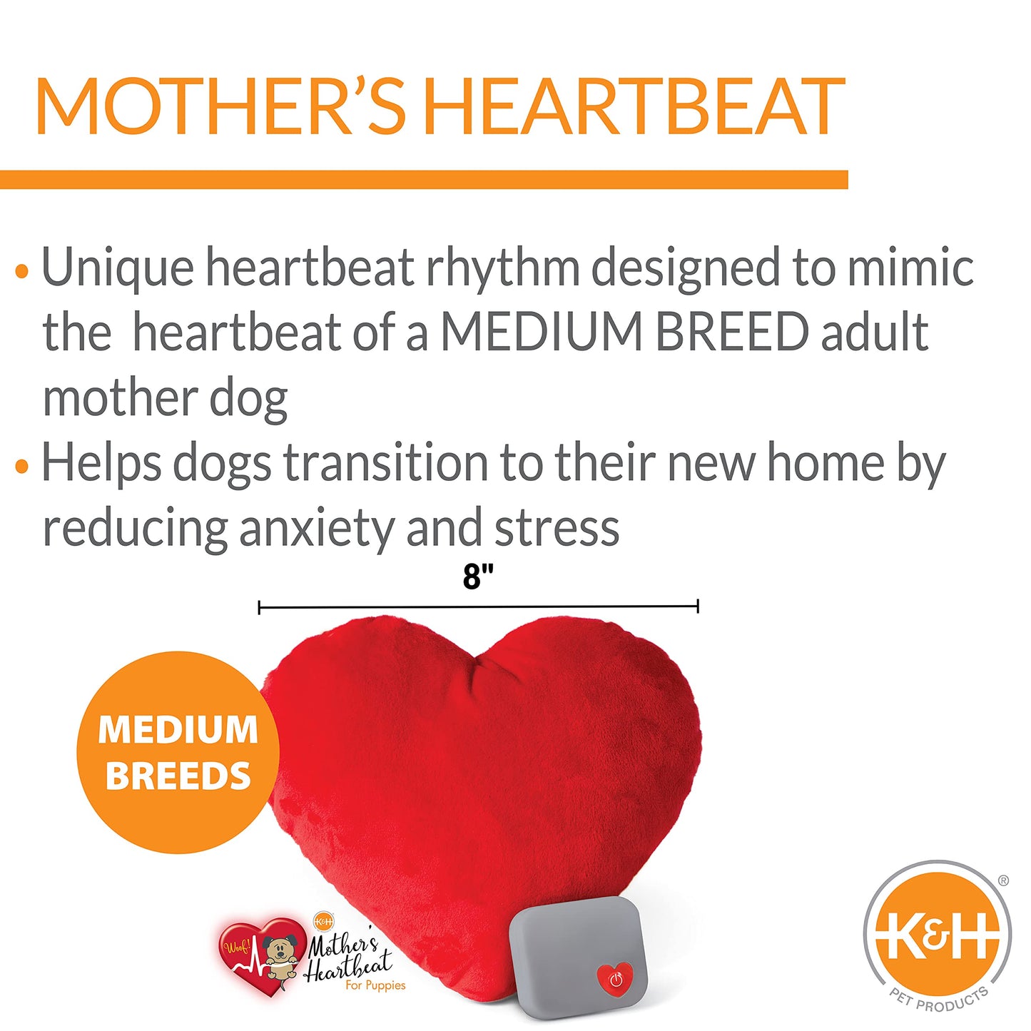 K&H Pet Products Mother's Heartbeat Calming Dog Toy Heart Pillow Red Medium Breed Heartbeat 8 Inch