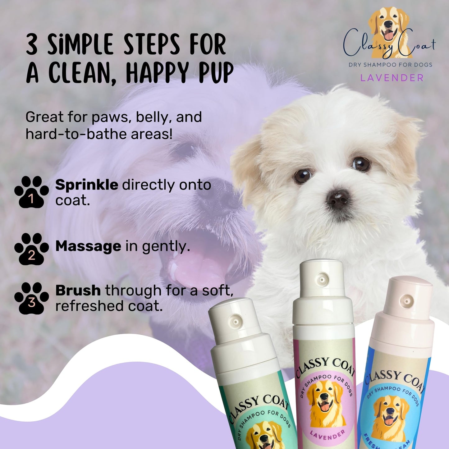 Classy Coat Dry Shampoo for Dogs (Lavender) | Waterless No-Rinse Spray Powder | Calming Lavender Scent | Soothing | Talc and Alcohol Free | Safe for Sensitive Skin | Made in USA
