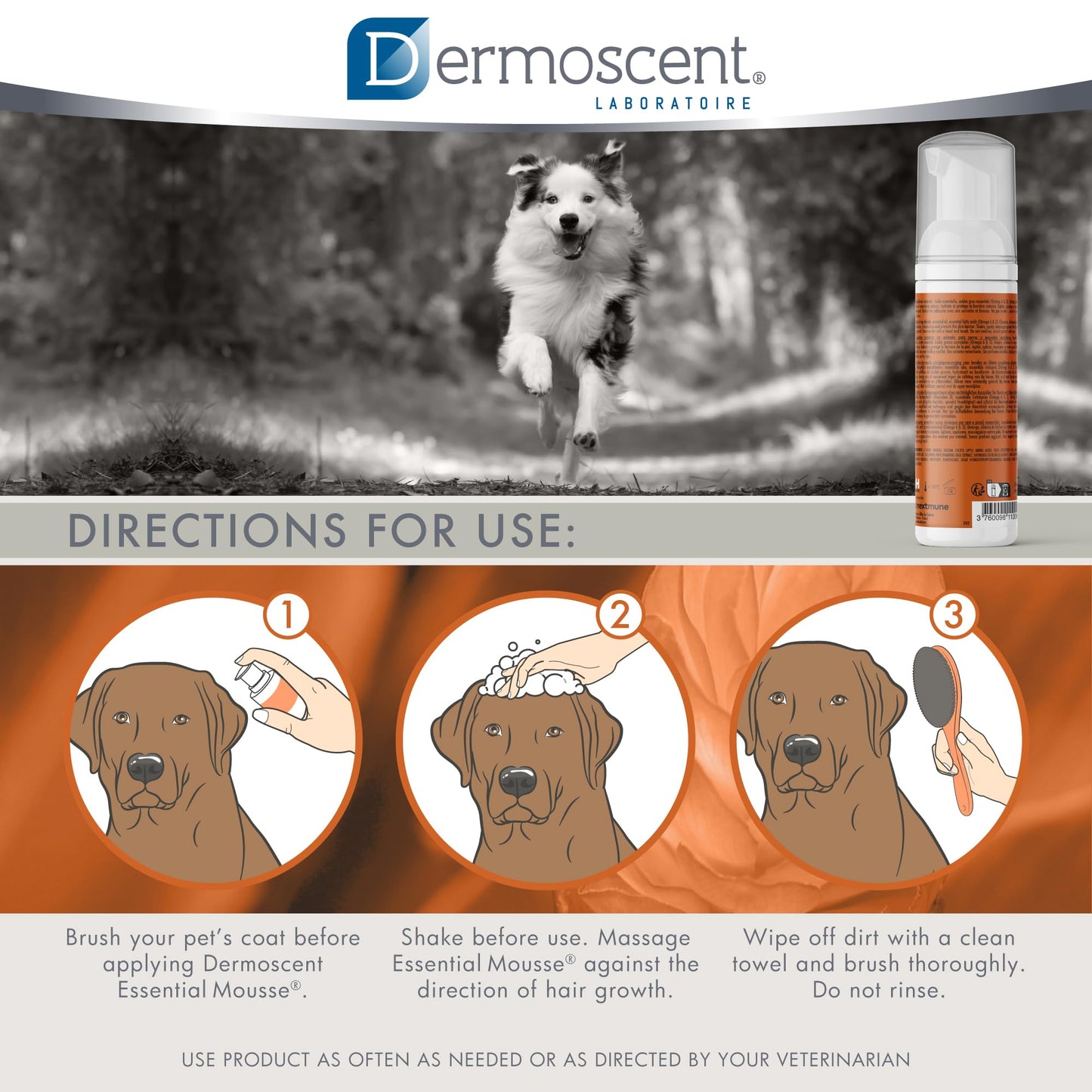 Dermoscent Essential Mousse - Dry Shampoo for Dogs & Small Mammals - Rinse Free Foam to Cleanse Skin & Coat - Odour Control for Smelly Pets - Soap Free - 150ml