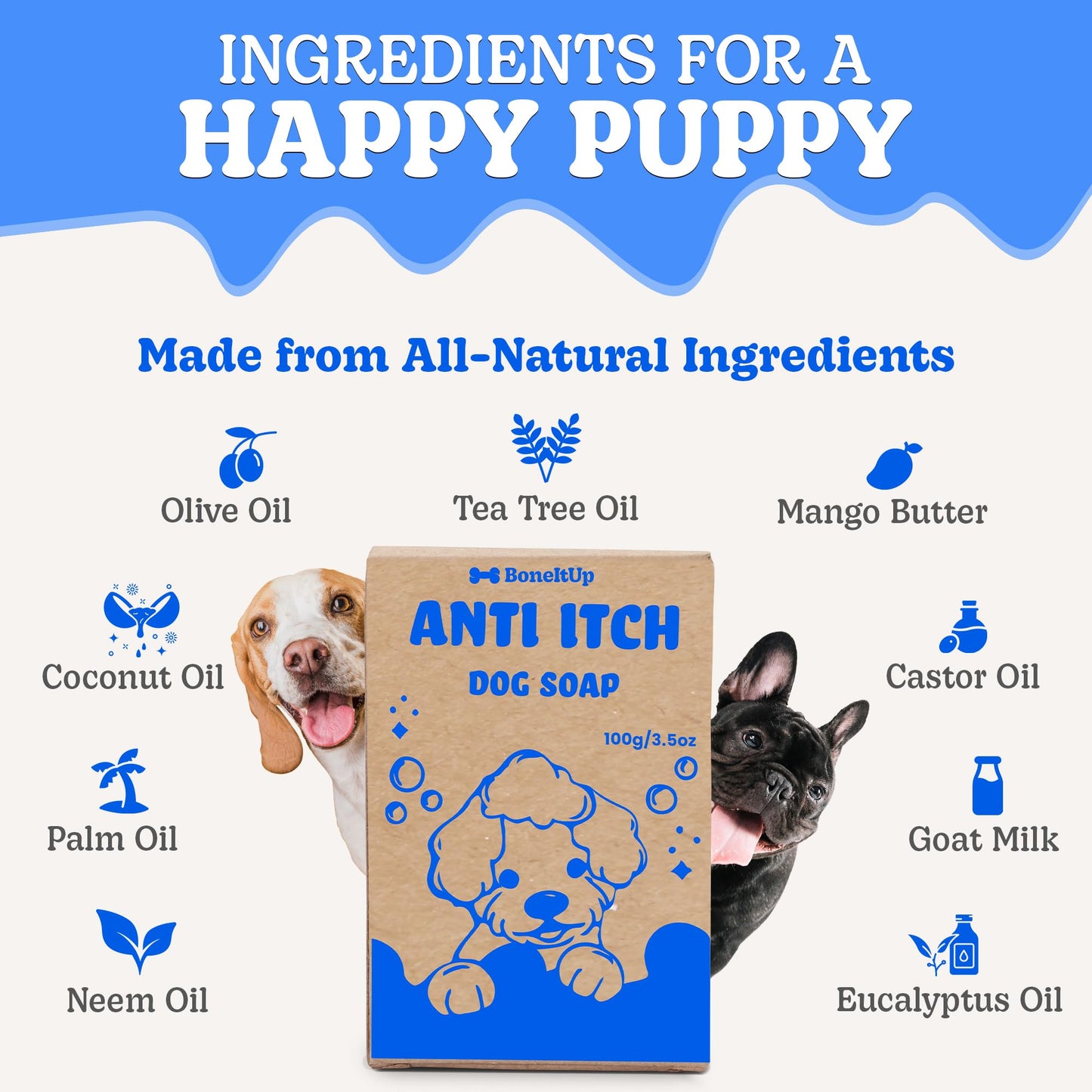 BoneItUp Anti-Itch Goat Milk Shampoo Bar - 2 Pack (100g Each) - Mango Butter and Essential Oils - Soothing Relief for Itchy, Dry Skin - Skin Rash Relief Bar Soap - Moisturizing Dog Shampoo