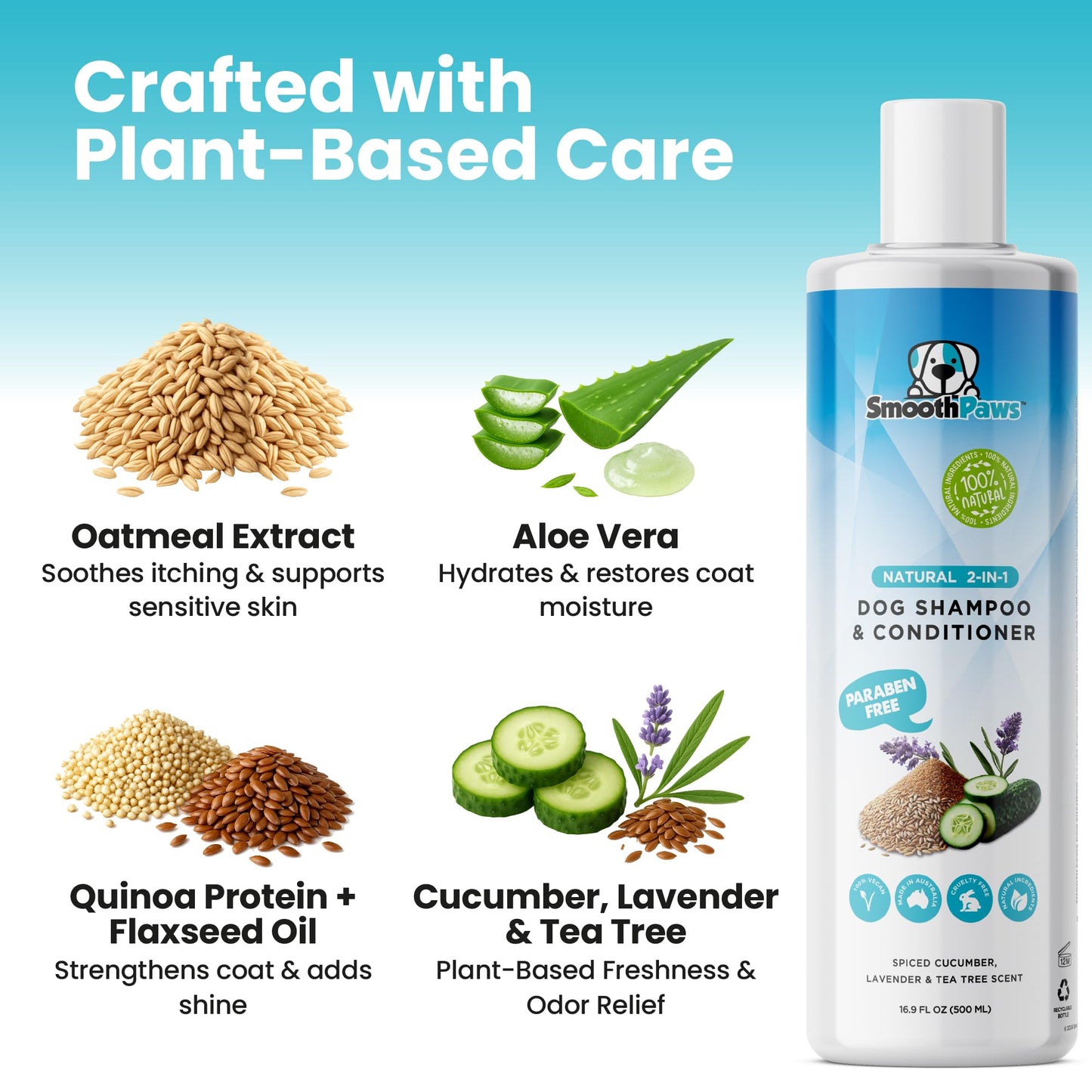 2-in-1 Natural Dog Shampoo & Conditioner – pH-Balanced for Dogs & Puppies | Gentle Oatmeal & Aloe Vera Formula for Sensitive Skin | Spiced Cucumber, Lavender & Tea Tree Scent | 16.9 oz | Smooth Paws