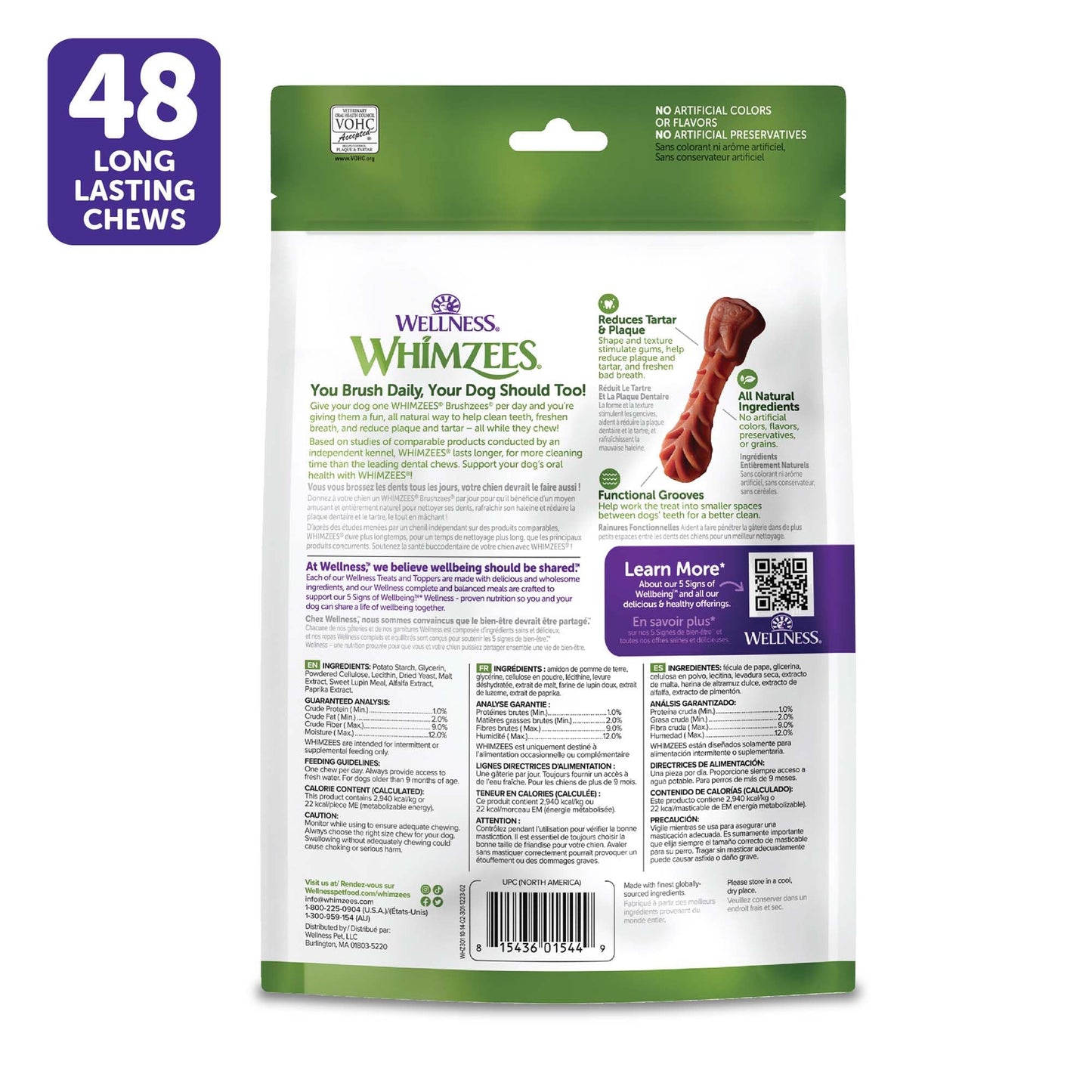 Wellness WHIMZEES Brushzees Dog Dental Treats, Natural Chews, Extra Small Size Stick, (48 Count)