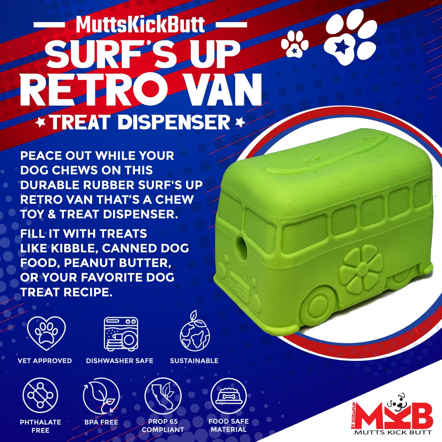 SodaPup MuttsKickButt Surf's Up Retro Van – Durable Dog Treat Dispenser & Chew Toy Made in USA from Non-Toxic, Pet Safe, Food Safe Natural Rubber for Mental Stimulation, Problem Chewing, & More