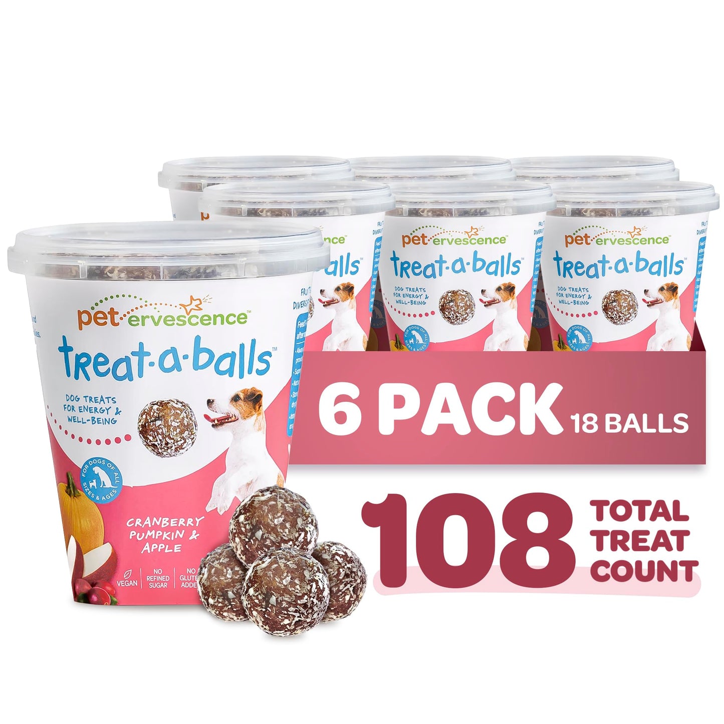 Cranberry, Pumpkin, & Apple Healthy Dog Treats - Vegan, Non-GMO, Human Grade - All Breeds, Sizes, & Ages - All Natural, Lean, Gluten-Free, Soft & Chewy - 6pk (108 Dog Treats Bulk)