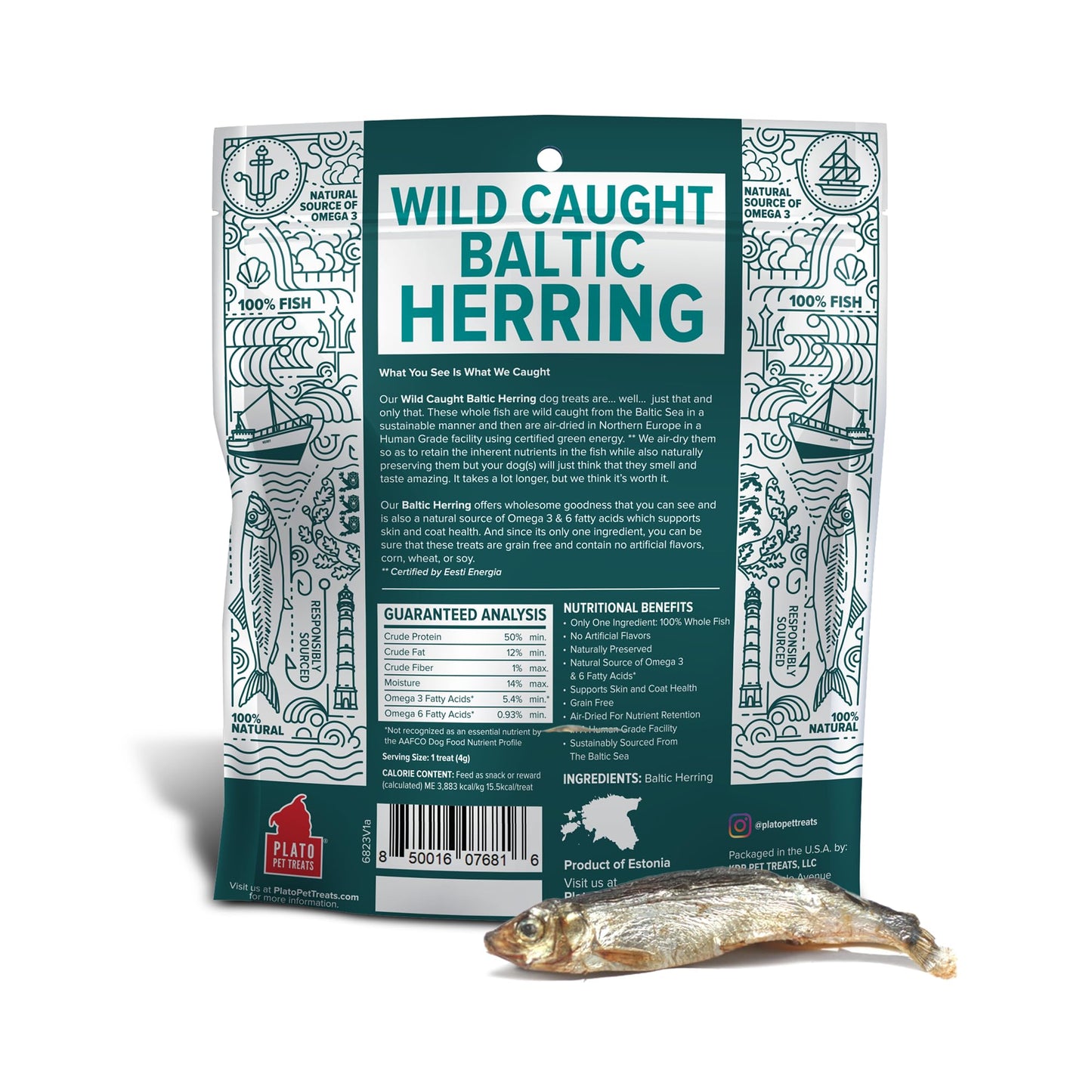 PLATO Pet Treats Fish Dog Treats - Air-Dried, Single Ingredient Dog Treat - with Omega 3 & 6 Fatty Acids to Support Skin and Coat - 100% Whole Fish - Wild Caught Baltic Herring Dog Treats - 3oz