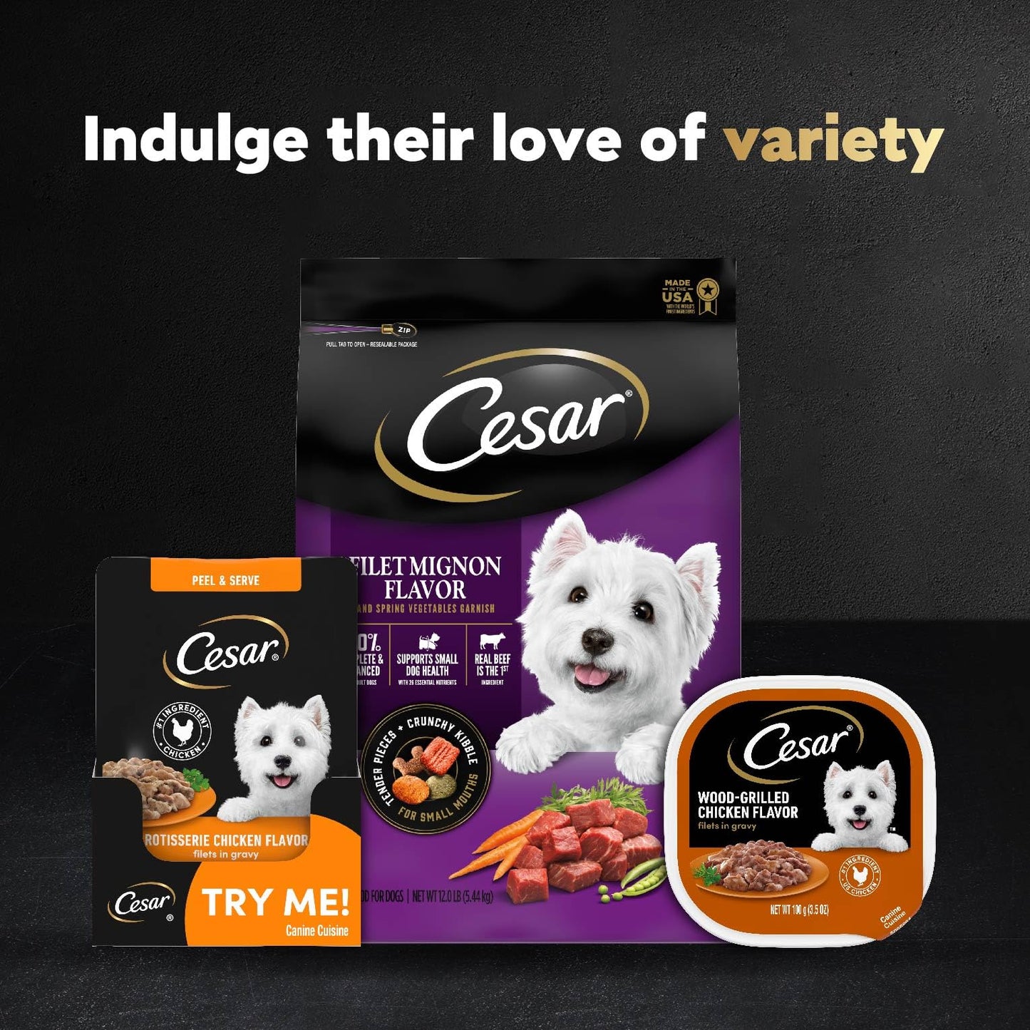 Cesar Filets in Gravy Wet Dog Food Filet Mignon Flavor, Rotisserie Chicken Flavor, and Wood-Grilled Chicken Flavor Variety Pack, 1.76 oz. Mini-Pouches (40 Count, Pack of 1)