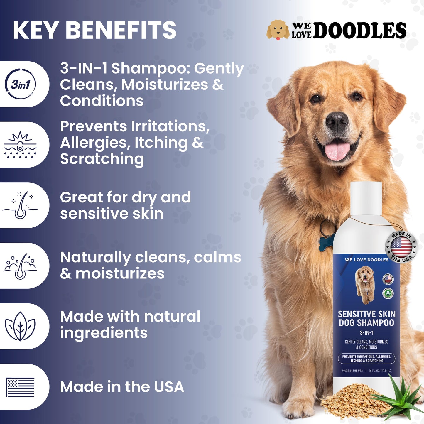 We Love Doodles Premium 3-in-1 Sensitive Skin Dog Shampoo and 2 Pack Bath Brush - for Allergies, Itching, Scratching, Made in USA, Pet Rubber Brush for Shower Scrubbing & Soothing Massage