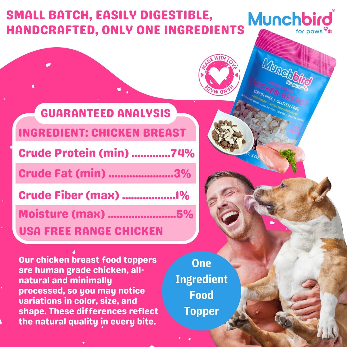 Munchbird USA Free Range Human Grade Chicken Breast Food Topper for Dogs, Freeze-Dried, High Protein Low Fat, Grain Free, Makes Chicken Soup