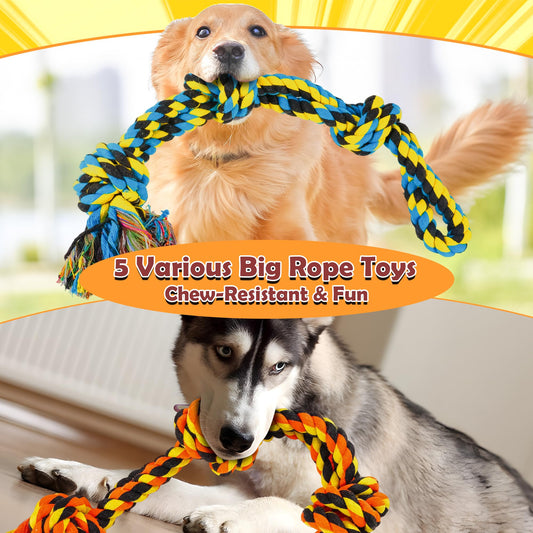GASAPET All Large Dog Rope Toys for Aggressive Chewers, 5 Nearly Indestructible Various Tough Rope Toys for Large and Medium Breed, 100% Cotton for Teeth Cleaning, Tug of War, No Small Type