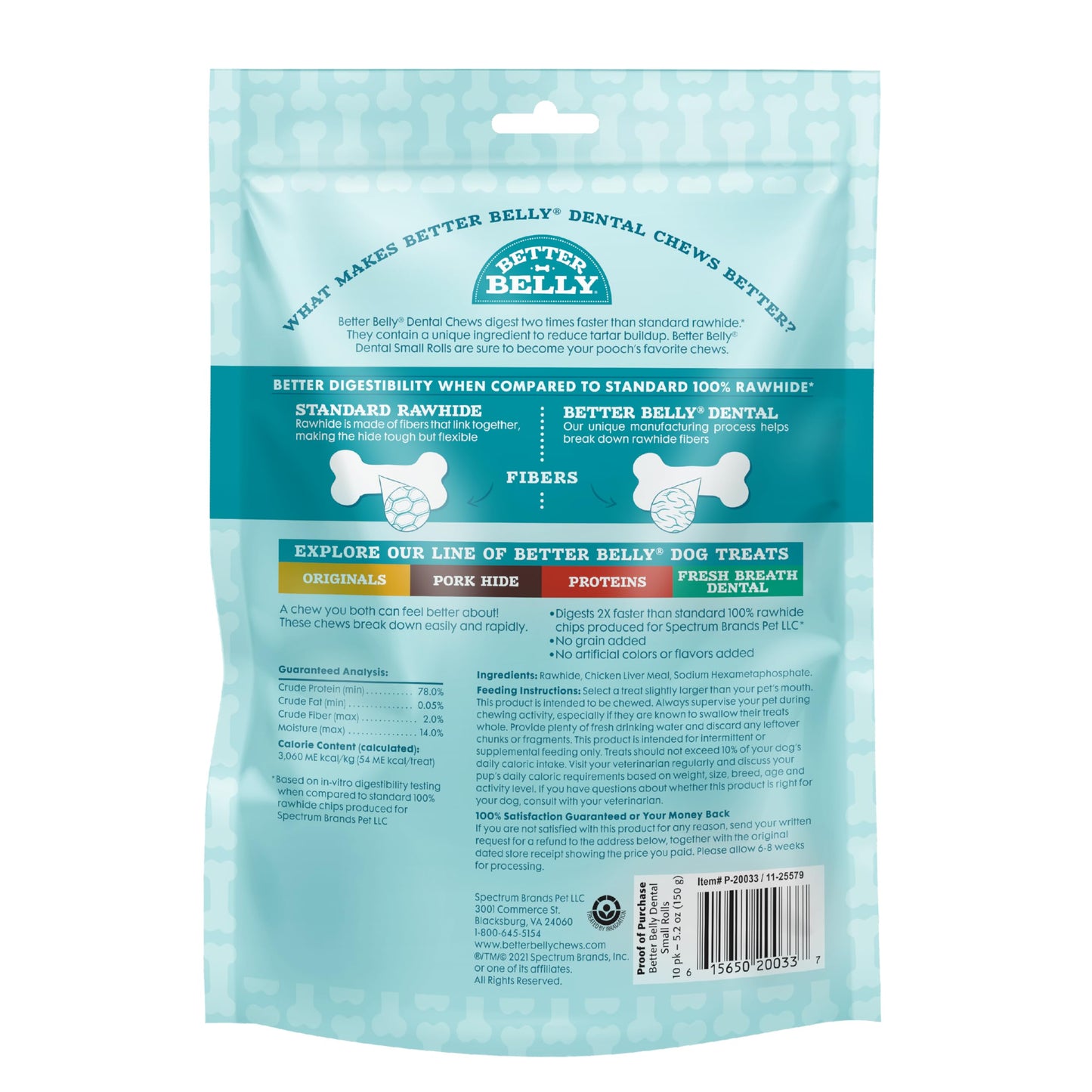 Better Belly Highly Digestible Rawhide Dental Chews, Treat Your Dog to a Chew with NO Artificial Colors or Flavors, 10 Count