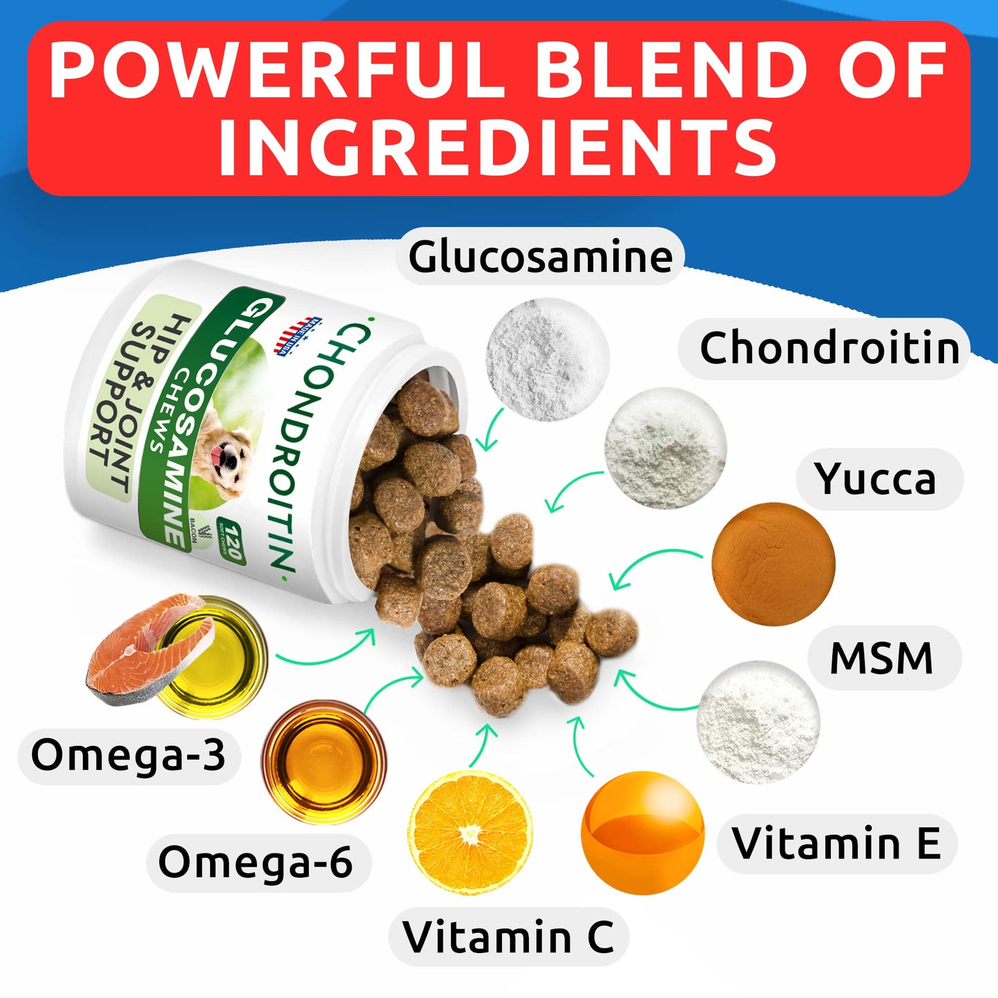 Glucosamine Chondroitin Dog Hip & Joint Supplement - Joint Pain Relief - Hip & Joint Chews for Dogs - Joint Support Large Breed - Senior Doggie Vitamin Pills Joint Health - (240 Treats - Bacon)