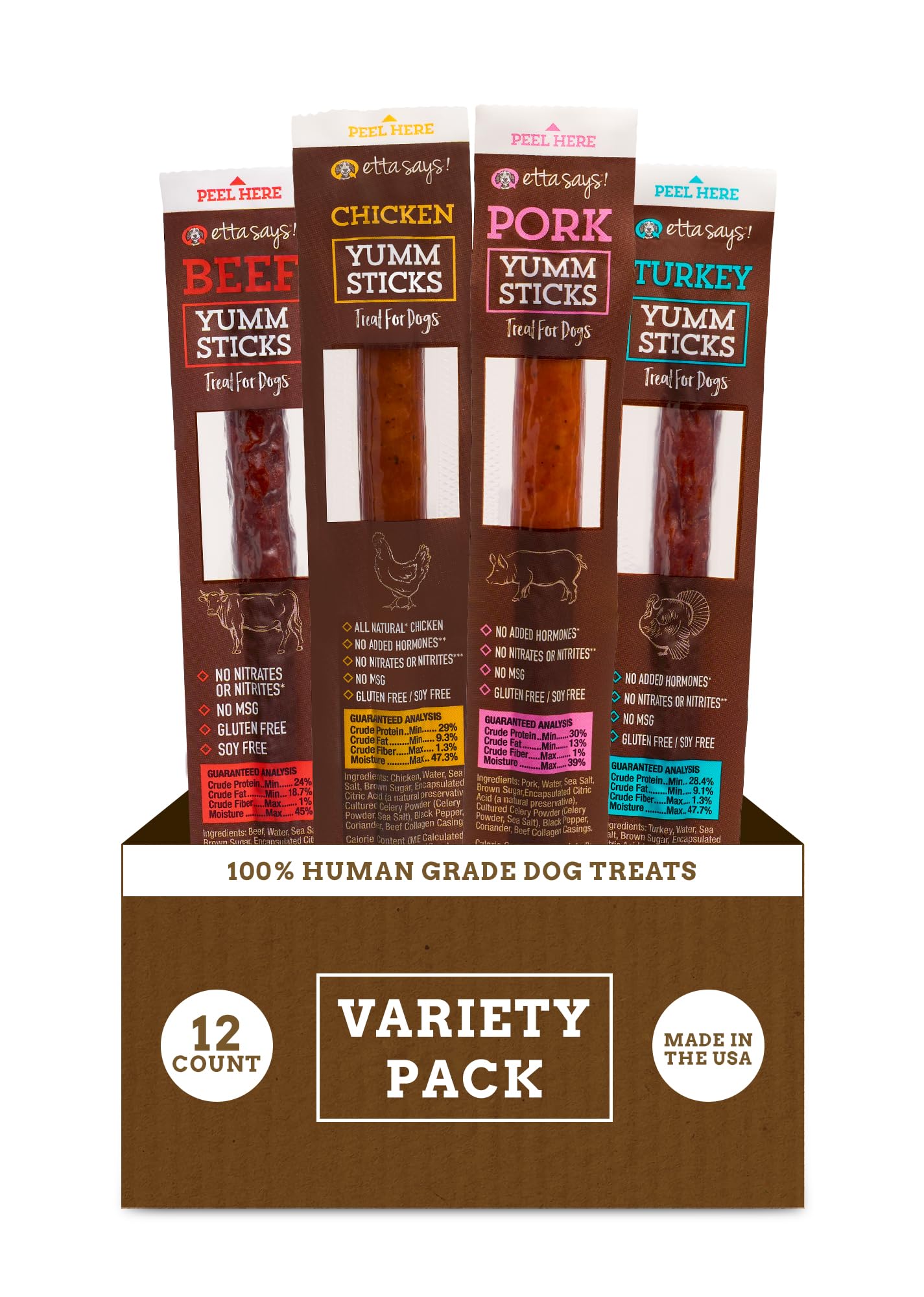 etta says! Yumm Sticks - Real Meat Jerky Dog Jerky Treats - Beef, Chicken, Pork, and Turkey Variety Pack - Human Grade - Made in The USA (12 Count Pack of 1)