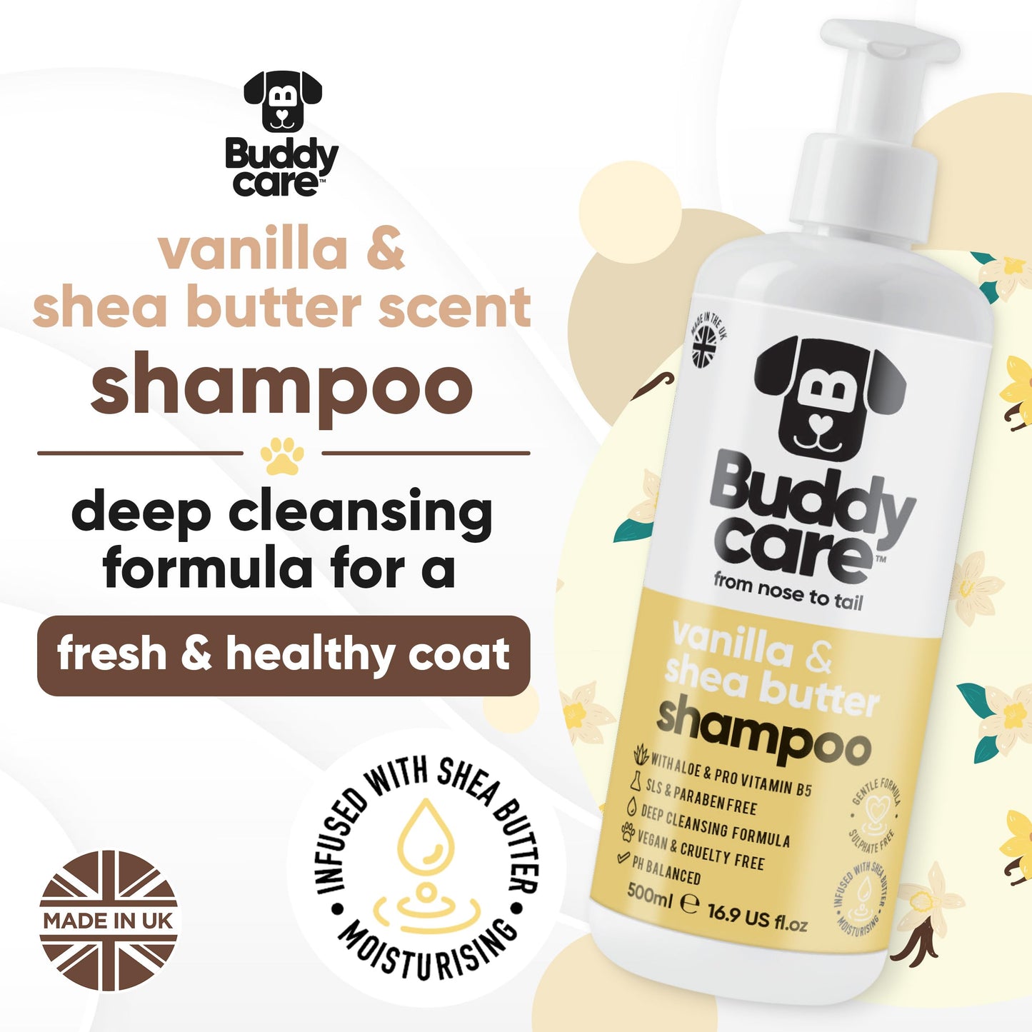 Buddycare Vanilla & Shea Butter Dog Shampoo - (16.90oz) Itch Relief & Dog Shampoo Sensitive Skin Care, Dog Shampoo and Conditioner, Premium Dog Grooming Supplies for All Breeds