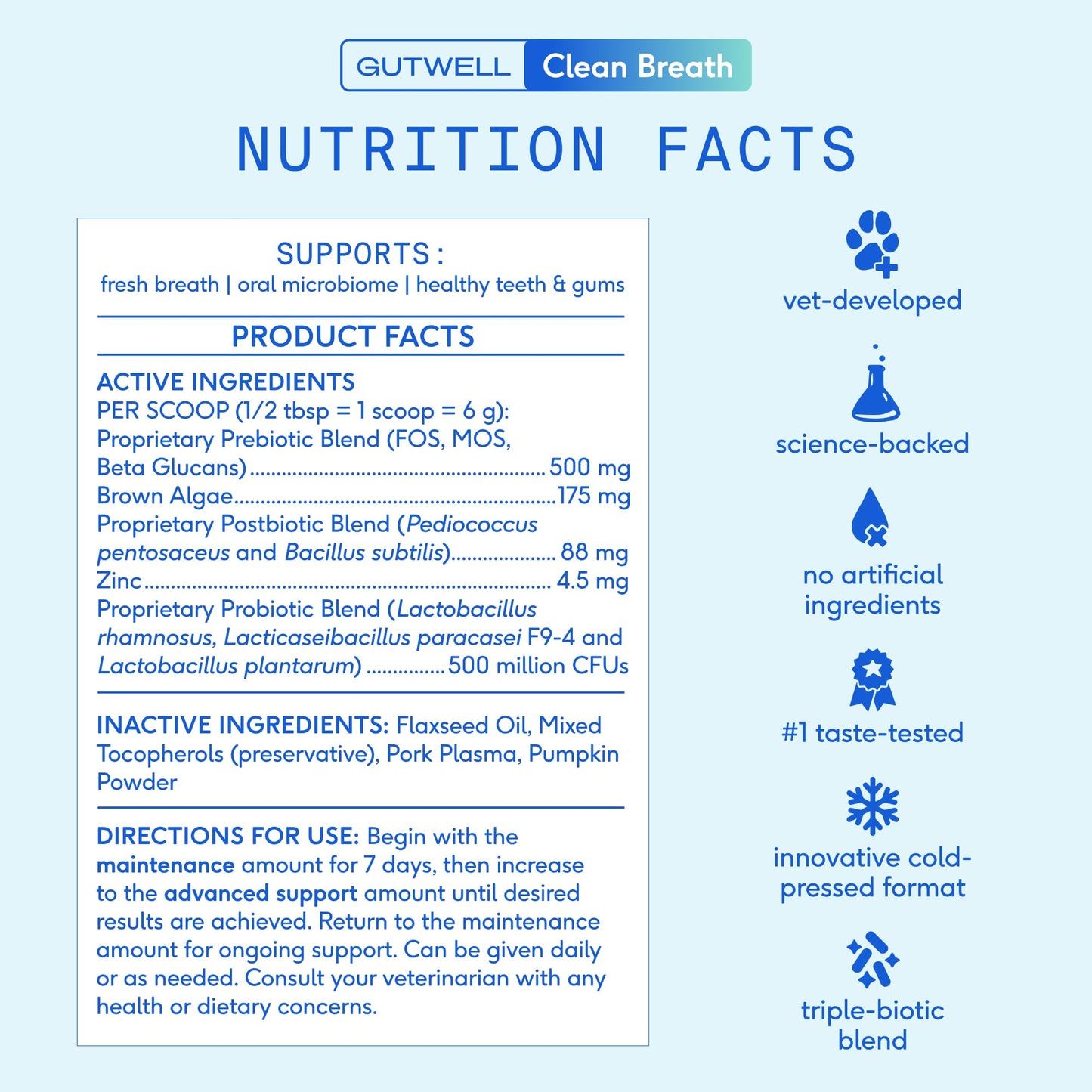 Native Pet GutWell Clean Breath - Dog Breath Freshener & Dog Dental Powder - Teeth Cleaning to Reduce Plaque & Tartar - Promotes Fresh Breath with Targeted Triple-biotic Dental Care Blend - 60 Scoops