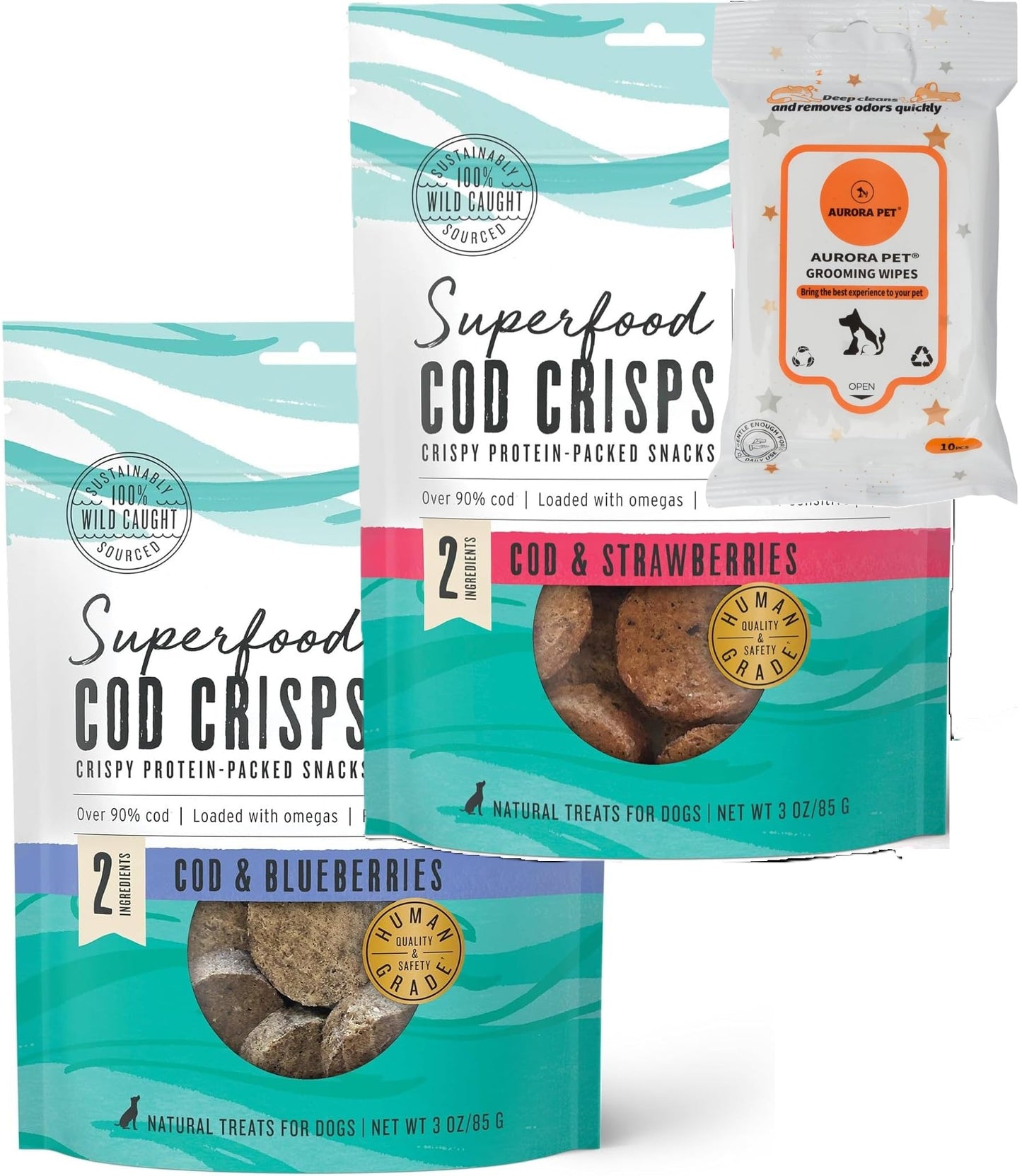 Aurora Pet Variety Pack (2) Superfood Cod Crisps Natural Dog Treats (1) Cod & Strawberry (1) Cod & Blueberry with AuroraPet Wipes