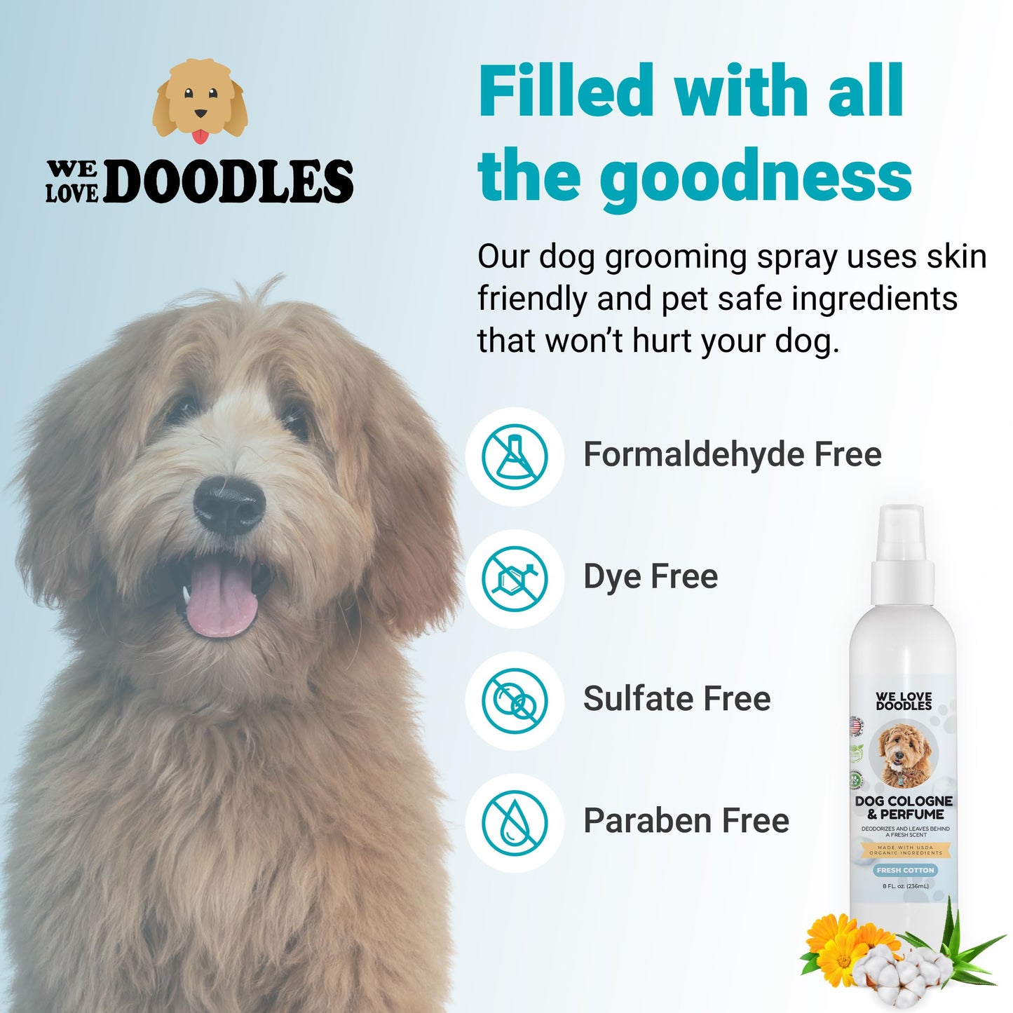 We Love Doodles Puppy Shampoo & Conditioner and Dog Cologne | Organic Ingredients | Sensitive & Itchy Skin Wash | Long Lasting After Bath | Puppies Odor Eliminator Spray | Made in USA