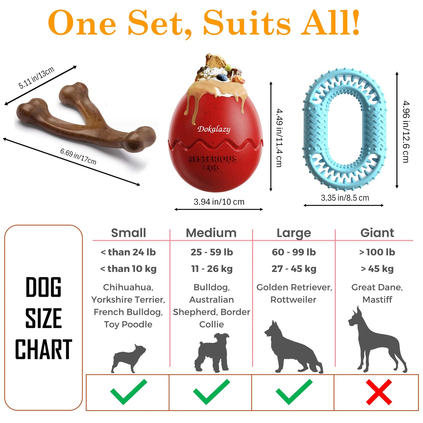 DOKALAZY All-Inclusive Tough Dog Toy Set: Treat Dispenser Ball for Non-Stop Play, Durable Nylon Bone for Aggressive Chewers & Rubber Ring for Fetch Fun