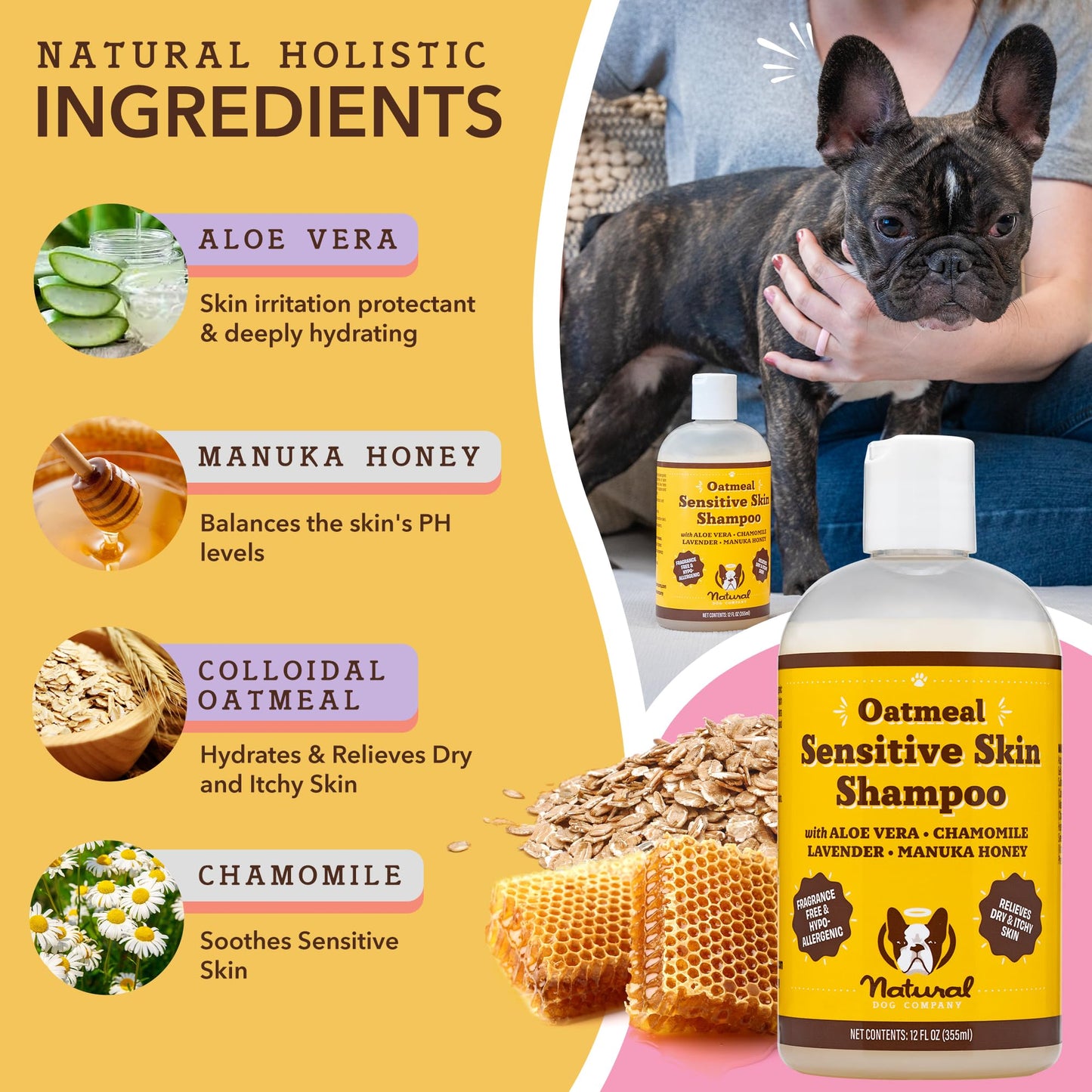 Natural Dog Company Skin & Coat Chews (90-pcs) Bundle with Sensitive Oatmeal Shampoo (12 oz) | Daily Supplement with Sensitive Shampoo | Gentle Cleaning for Healthier and Coats