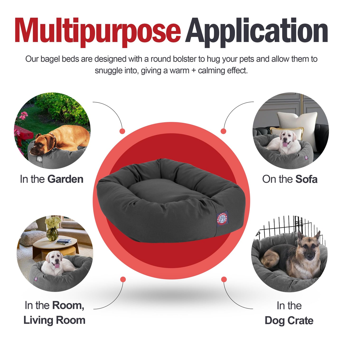 Majestic Pet Dog Bagel Calming Bed, 40x29x9in, Soft Round Pet Bed with Spine Support, Fluffy Donut Dog Bed, Large, Gray