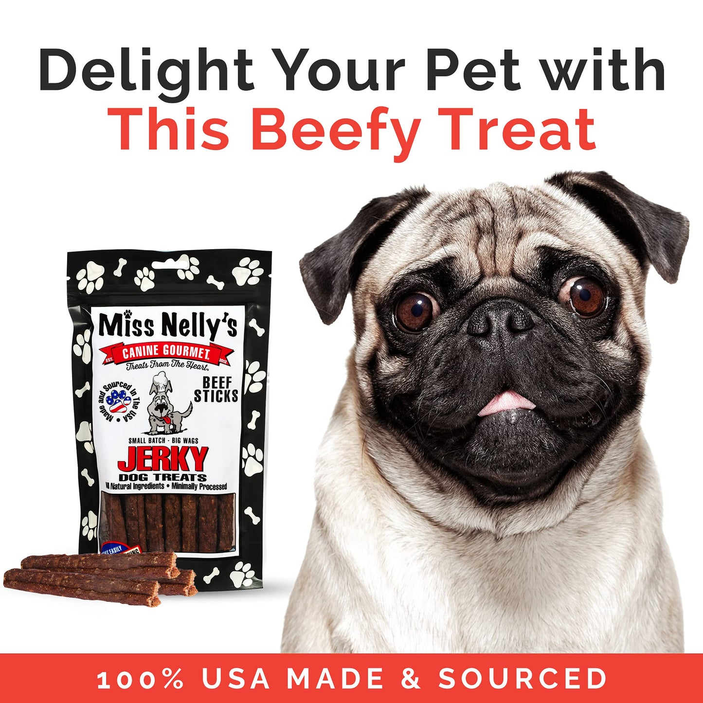 Miss Nelly's -All Natural Beef Jerky Dog Treats - Soft Sticks - USA Made and Sourced - Original Smoke House Recipe - Small Batch Beef Jerky for Dogs - Minimally Processed - 8 oz. Bag