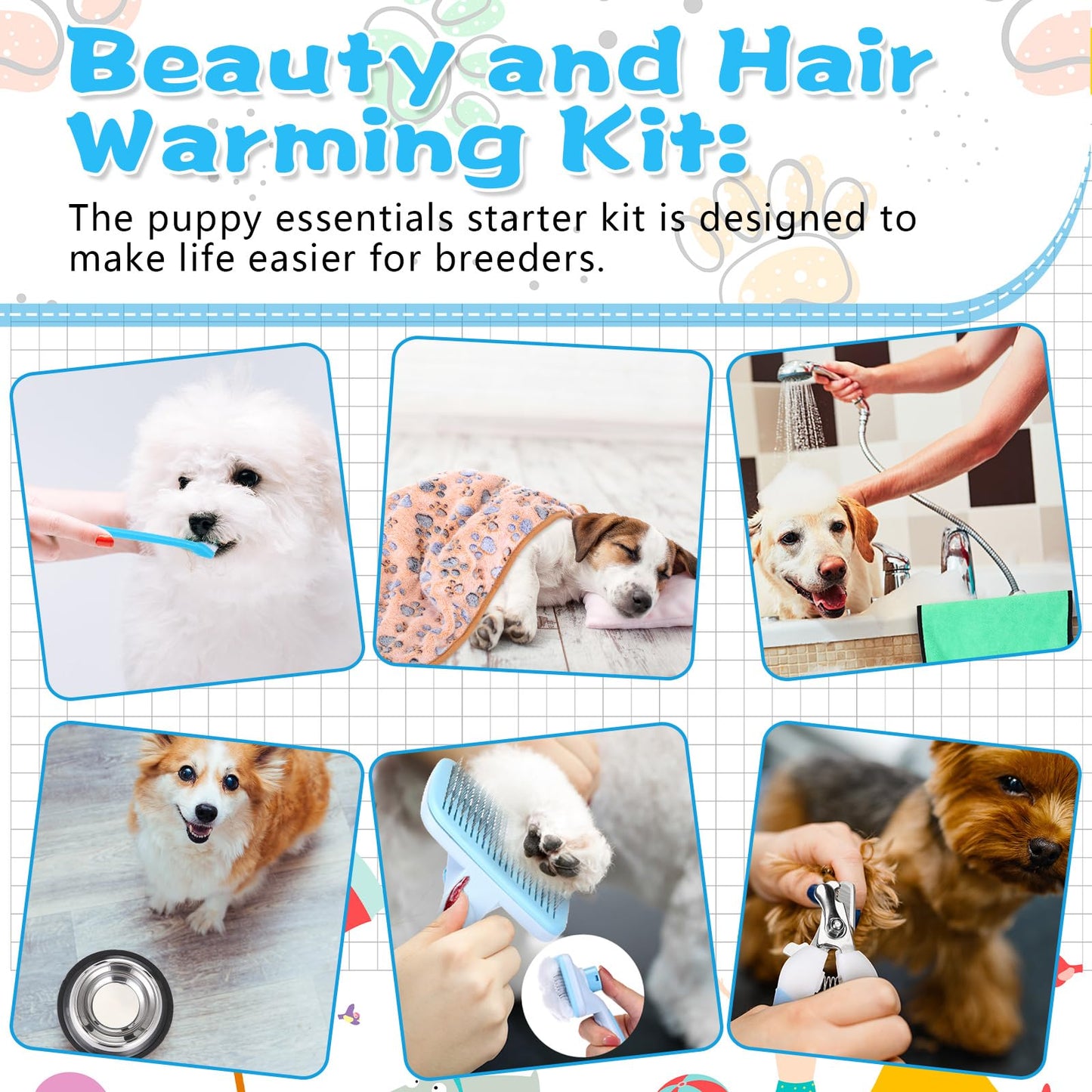 PullCrease 65 Pcs Puppy Supplies Starter Kit Small Dog Essentials Includes Dog Leash, Toys, Bowl, Brushes, Water Bottles, pet Blankets Puppy Accessories for New Welcome Gift Supplies(Cool,Blue)