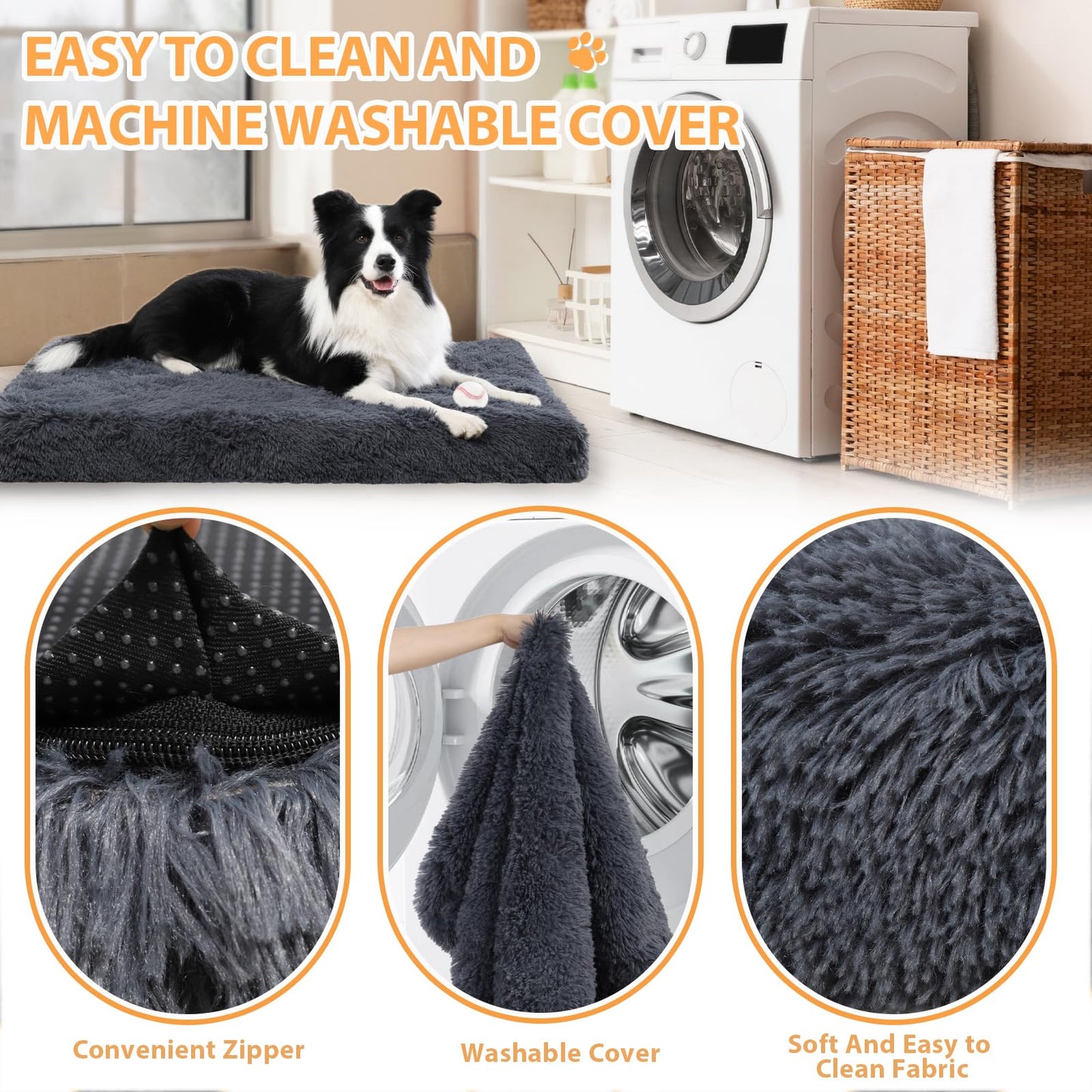 XL Orthopedic Dog Beds Large Sized Dog, Washable Dog Bed with Removable Cover, Waterproof Dog Crate Bed with Non-Slip Bottom, Fluffy Pet Bed 41×27 Inch, Dark Grey