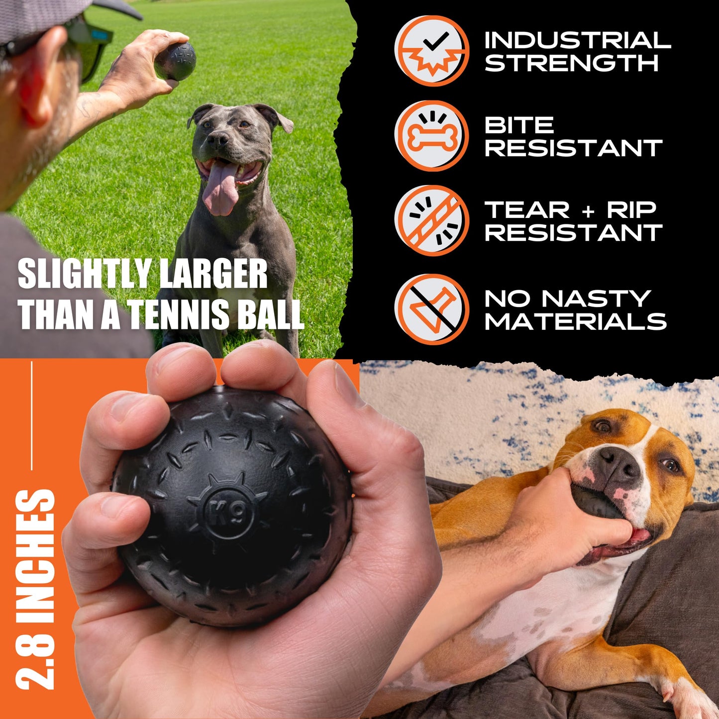 Monster K9 Indestructible Dog Ball – Lifetime Replacement - Durable Toy for Aggressive Chewers - Safe Non-Toxic Natural Rubber - Fetch Chew Toy - Heavy Duty - USA Made - 2.8” Solid (Tennis Ball Size)