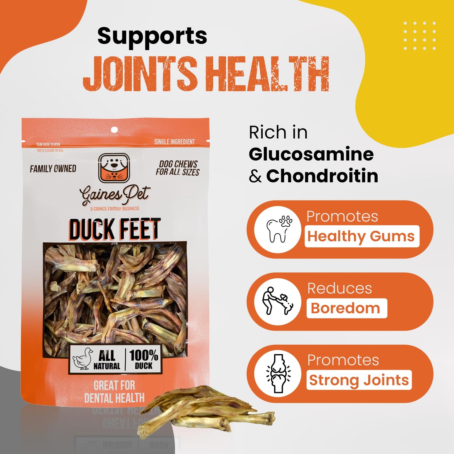 Gaines Pet Duck Feet for Dogs - 20 Count, Whole Dehydrated Duck Feet Dog Treats, USA Made, Natural Dental Chews with Collagen, Glucosamine & Chondroitin for Hip & Joint Health