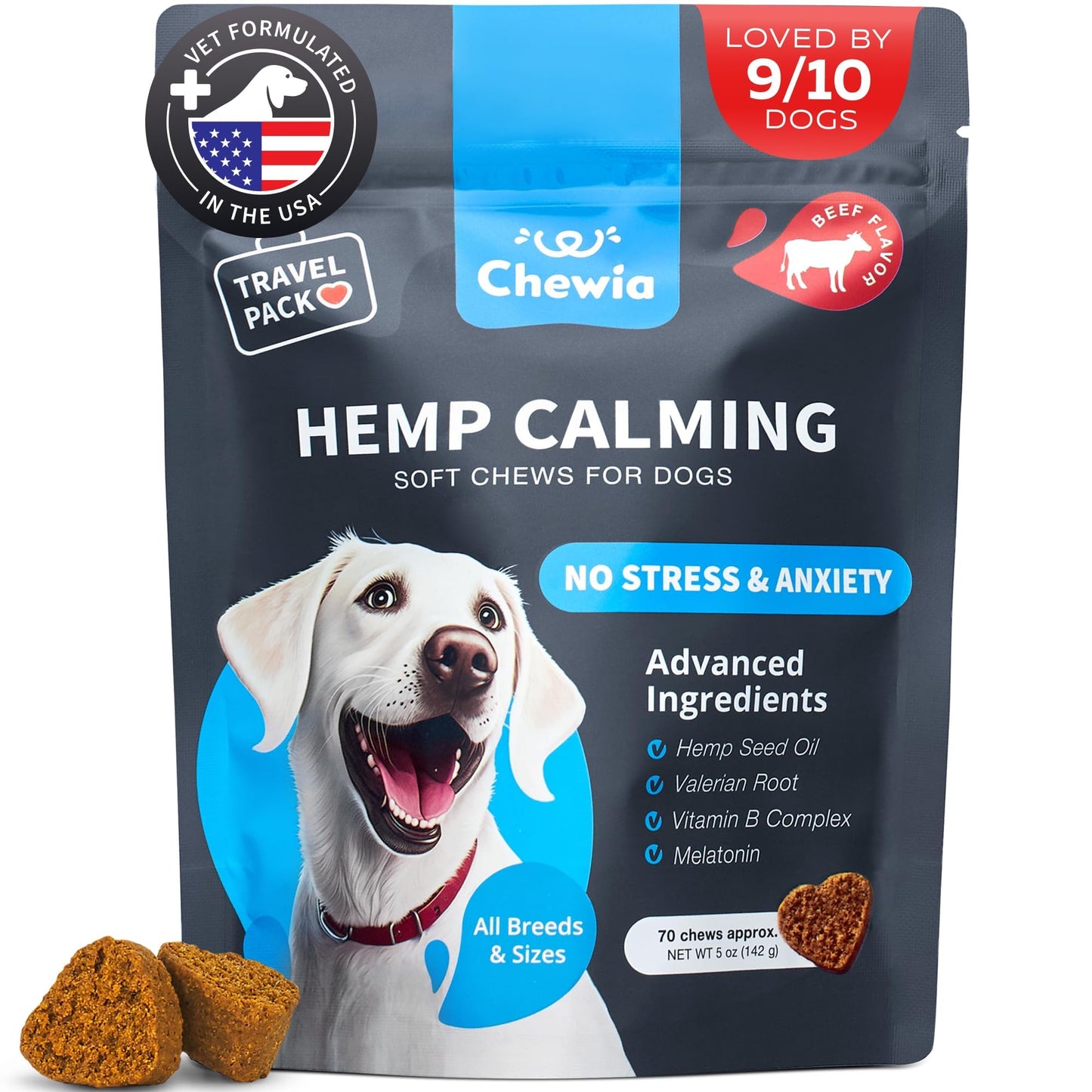 Hemp Calming Chews for Dogs Anxiety Relief - Dog Calming Treats with Melatonin, Chamomile Extract, Valerian Root - Travel Pack - Anxiety Relief Chews for Vet Visits, Grooming, Nail Trimming, Storms