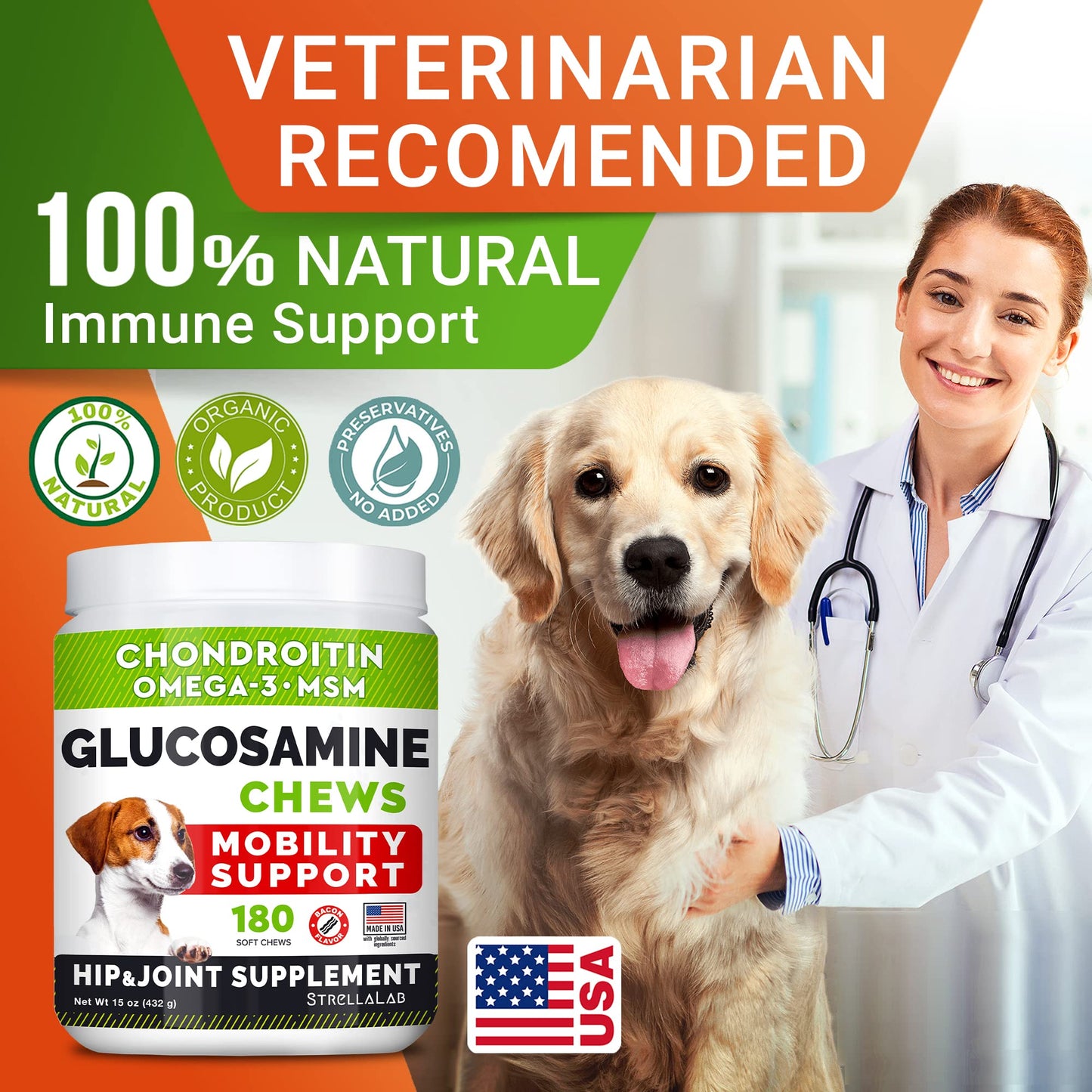 Glucosamine Treats for Dogs - Joint Supplement w/Omega-3 Fish Oil - Chondroitin, MSM - Advanced Mobility Chews - Joint Pain Relief - Hip & Joint Care - Bacon Flavor - 180 Ct - Made in USA