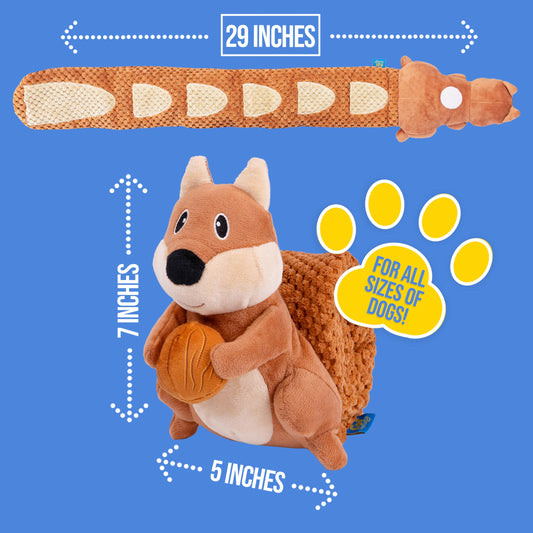 everyday joy Crinkle Dog Toy Plush Toy - Long Tug-of-War Squeaky Dog Toy Boredom Buster Toys with Snack Pockets - Durable Enrichment Mentally Stimulating Toys for Dogs Small, Medium, Large - Squirrel