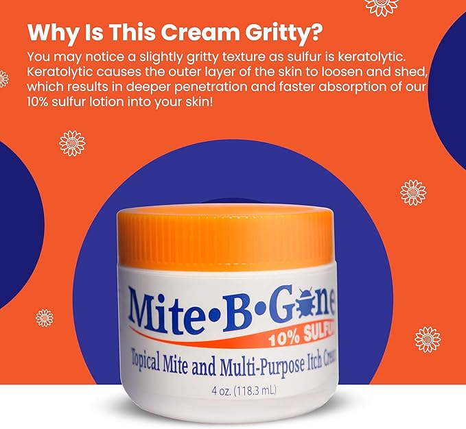 Mite Cream & Bite Relief - 10% Natural Blend Sulfur Cream for Multi-Purpose Bites, Redness, Itching, & Irritation | Safe for Kids and Adults | Fast & Effective for All Skin Types| 4 oz