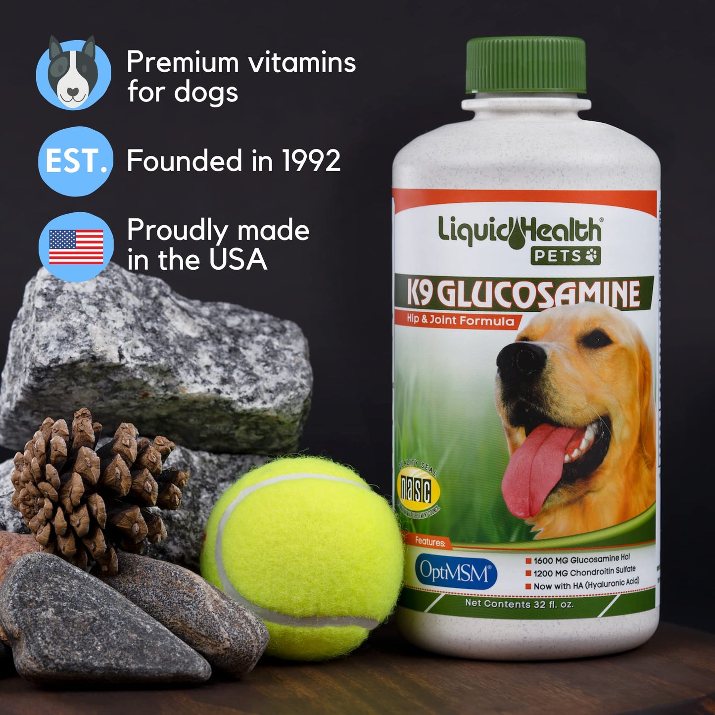 LIQUIDHEALTH 32 Oz K9 Liquid Glucosamine and Vegetarian for Dogs, Puppies and Senior Canines - Chondroitin, MSM, Hyaluronic Acid – Joint Health, Dog Vitamins Hip Joint Juice, Joint Oil