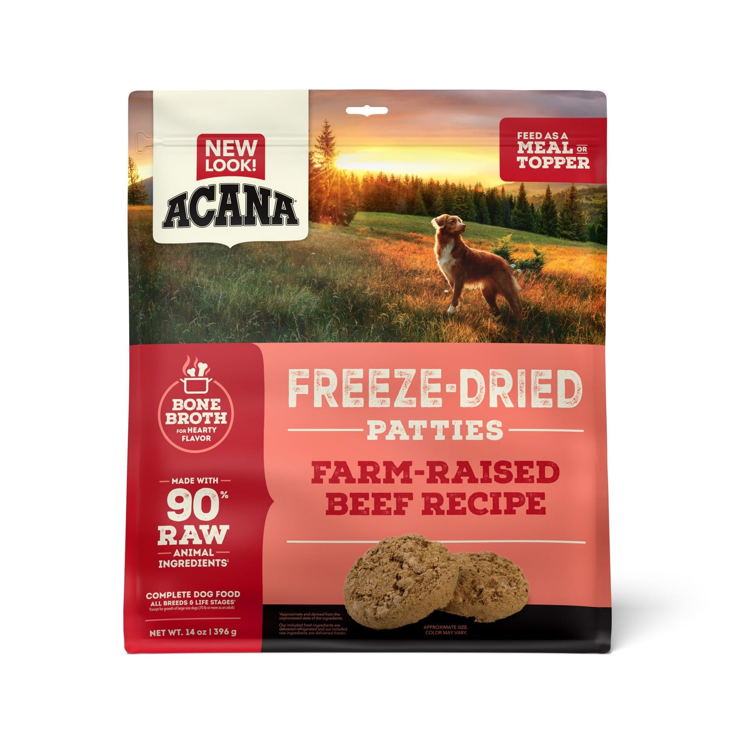 ACANA Grain-Free High Protein Freeze Dried Dog Food & Topper Ranch-Raised Beef Recipe Patties 14oz Bag