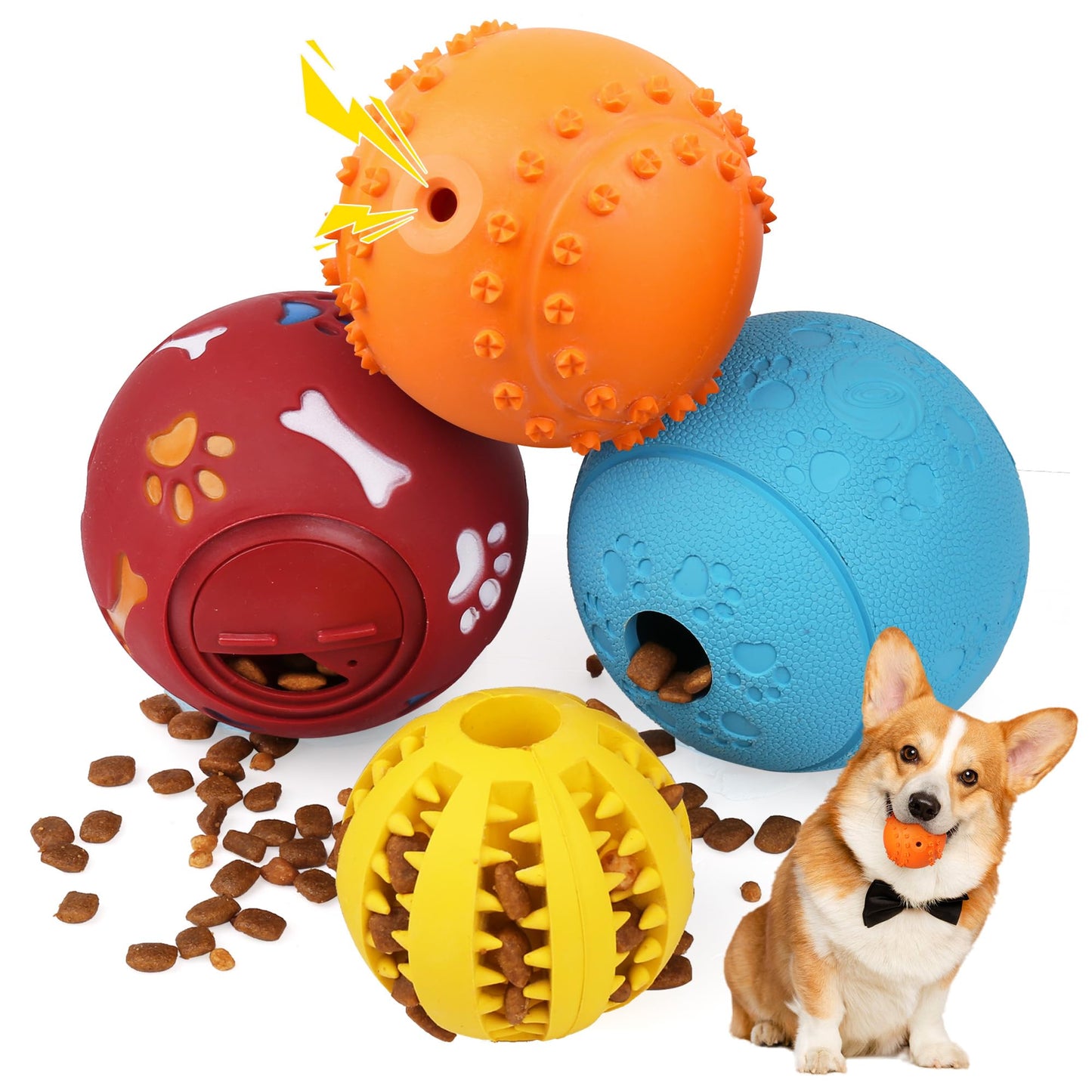 PrimePets Dog Puzzle Toy 4 Pack, Interactive Treat Dispensing Dog Toys, Slow Feeder Ball for Small Dogs and Puppies, Enrichement Toy Balls for Teething, Fetching and Playing