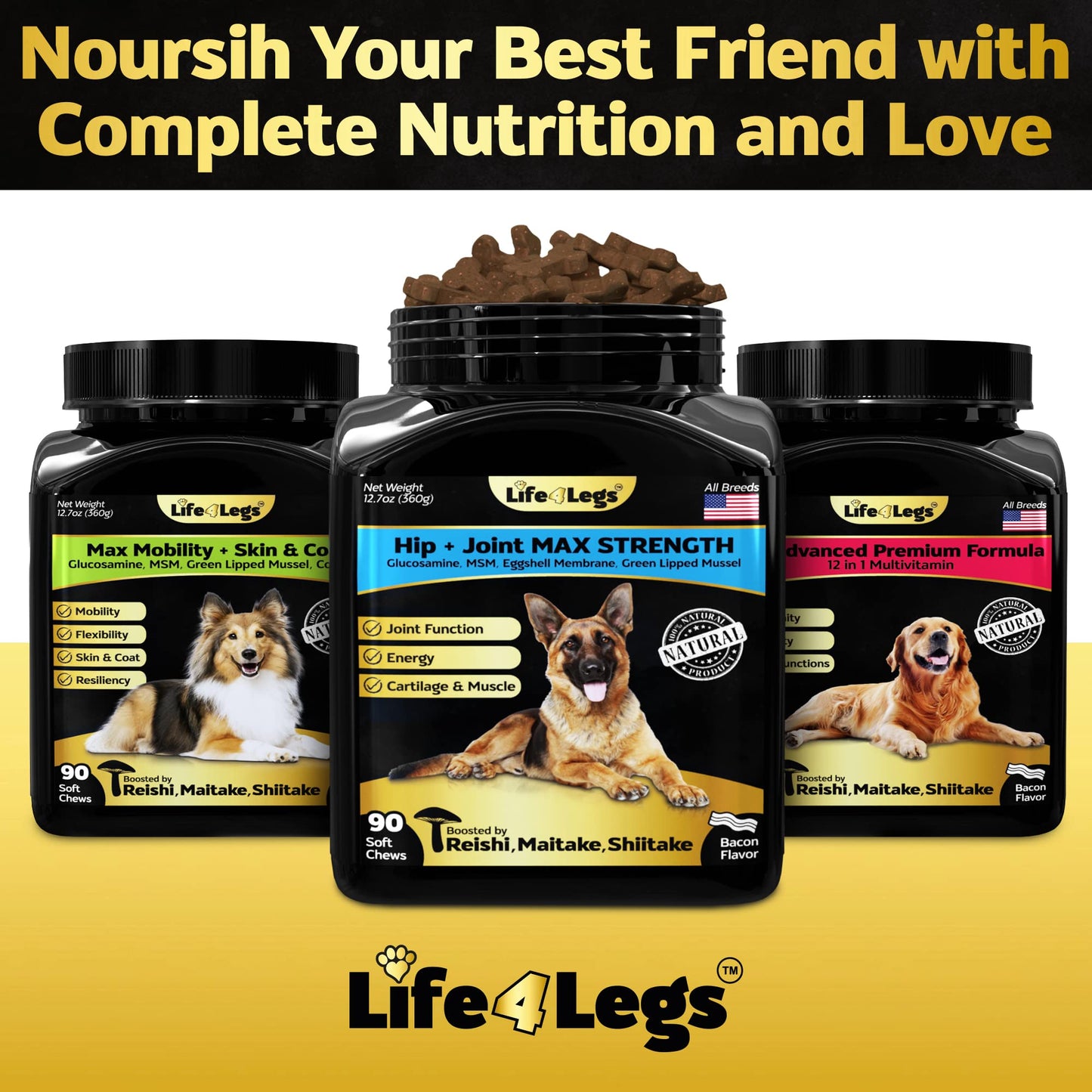 Life4Legs - Soft Chews Hip and Joint Supplement for Dogs - Dog Joint Pain Relief Treats - Glucosamine, Chondroitin, Turmeric- Mobility Supplement