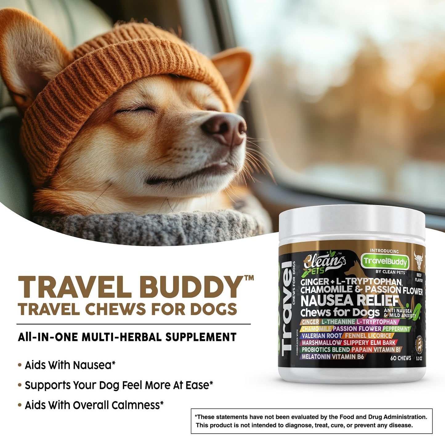 Clean Pets Travel Chews Nausea Relief for Dogs | Ginger L-Tryptophan Chamomile Passion Flower L-Theanine Peppermint Valerian Root Fennel Licorice Root Marshmallow Root Slippery Elm Melatonin Chew