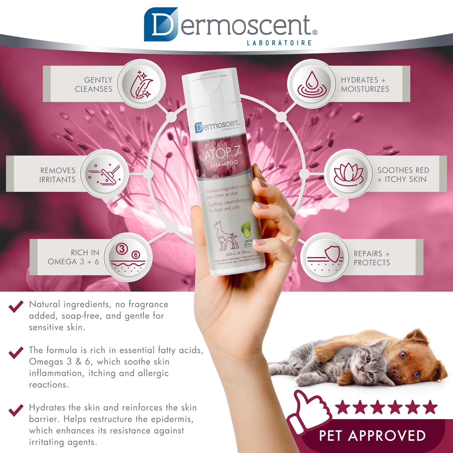 Dermoscent ATOP 7 Shampoo for Dogs & Cats - Allergies & Itchy Skin Relief - Natural Ingredients - Helps Soothe Dermatitis & Atopic Skin - 200 ml
