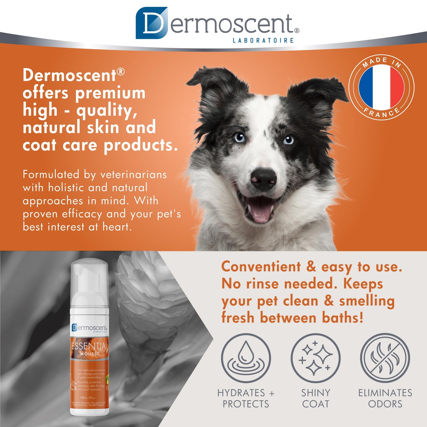 Dermoscent Essential Mousse - Dry Shampoo for Dogs & Small Mammals - Rinse Free Foam to Cleanse Skin & Coat - Odour Control for Smelly Pets - Soap Free - 150ml