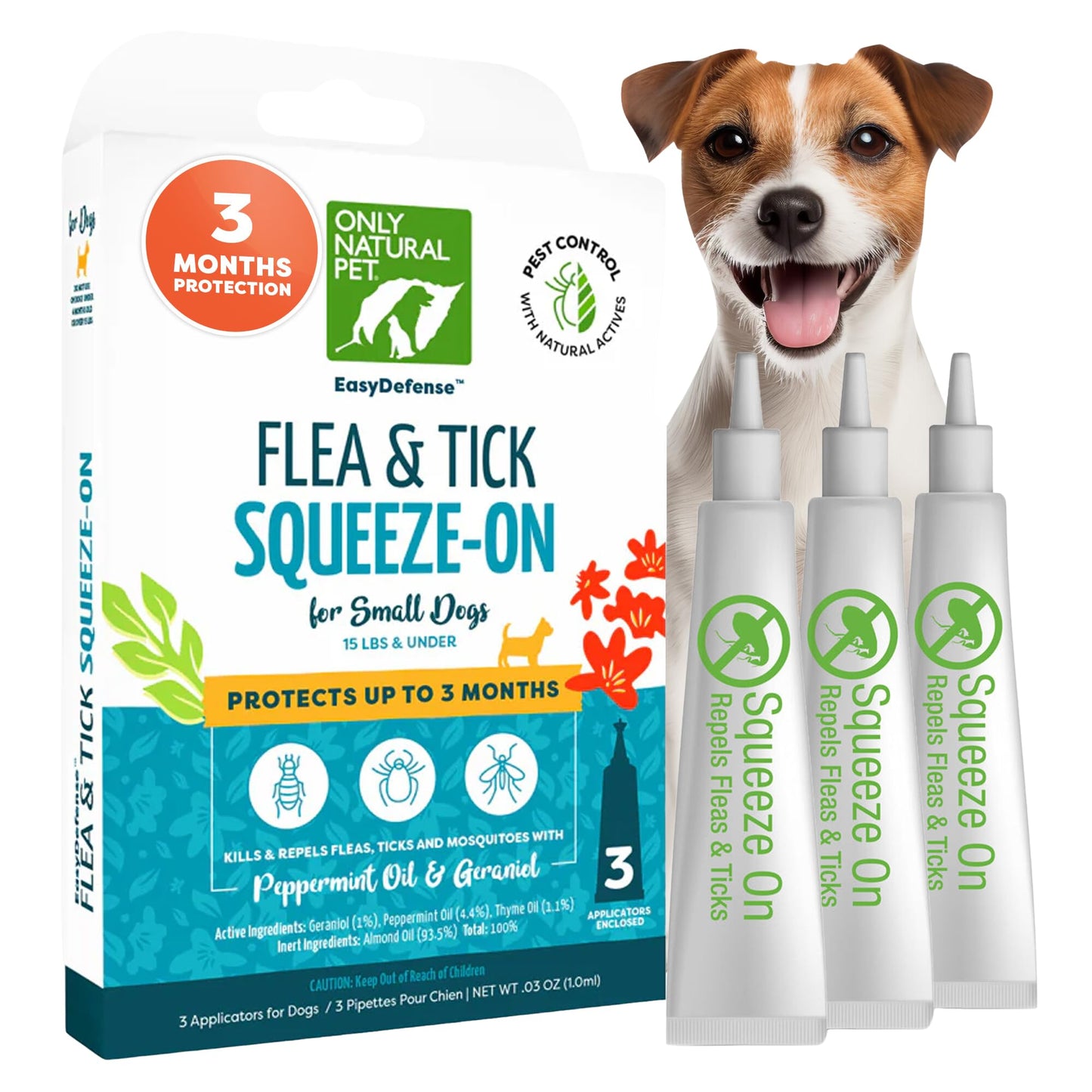 Only Natural Pet EasyDefense Flea & Tick Prevention for Small Breed Dogs (up to 15 lbs) - Natural Herbal Control, Squeeze-On Drops - Protects up to 3 Months (S Sqz.)