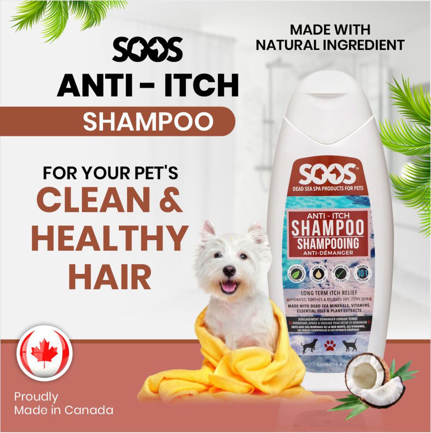 Soos Pet Anti-Itch Shampoo for Dogs and Cats - Natural Dead Sea Fast Absorbing - Clean Fur with Vitamins Minerals Essential Oils Natural Ingredients - 500ml