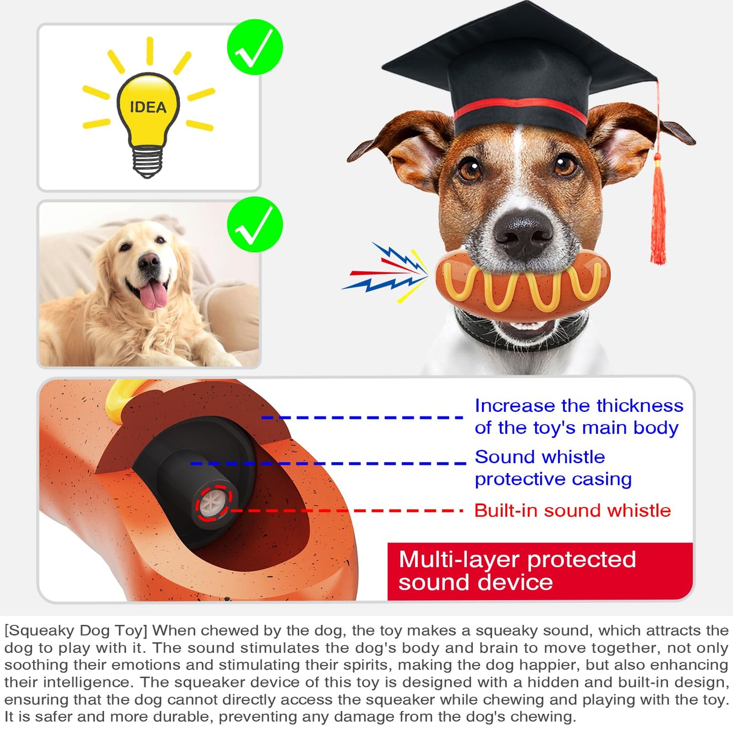 Dog Toys Chewers,Dog Chew Toy for Aggressive Chewers Hotdog,Squeaky Dog Toy Interactive (Red Hotdog)