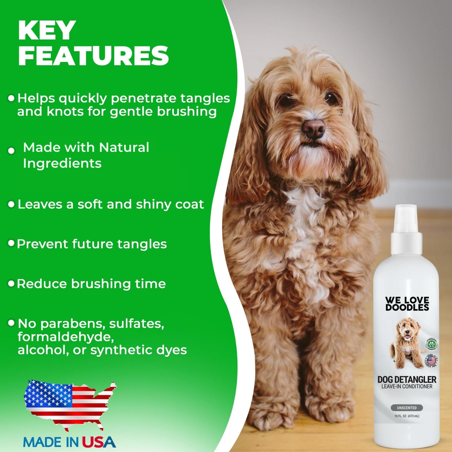 [Non Organic] We Love Doodles Dog Detangler Spray - Leave-in Conditioner for Dogs - Dog Detangling Spray - Dematting Spray for Dogs - Tangle Remover - Made in The USA (Unscented Hypoallergenic)